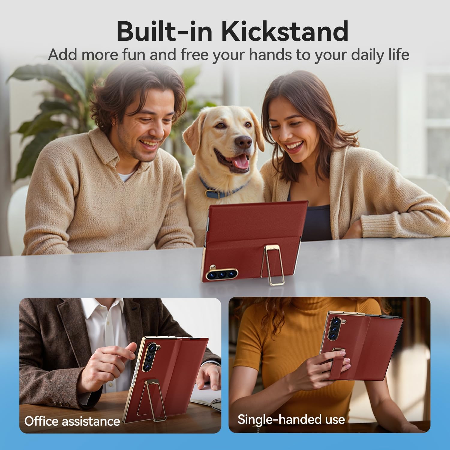 for【3-in-1 Protection】 Samsung Galaxy Z Fold 7 Case with Kickstand,Military-Grade Drop Tested, Hinge & Camera Cover, Luxury Leather Texture Full Body Case (Red)