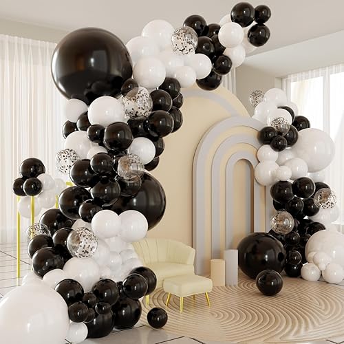 Kit de arco de globos blancos y negros, 124 globos de confeti blanco y negro con tira de cinta de 16 pies y pegamento de puntos para graduación,