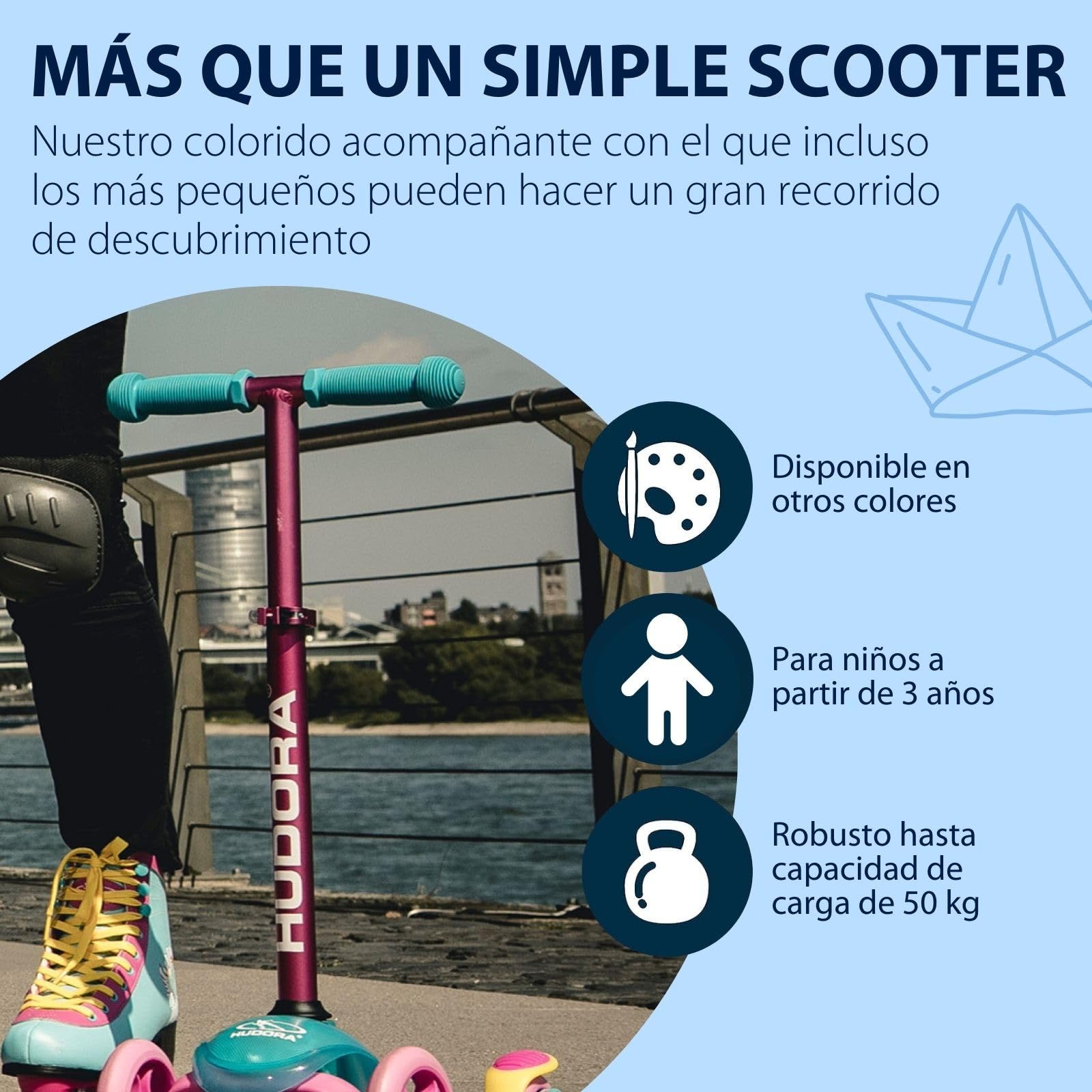 HUDORA Scooter Flitzkids 2.0 I Patinete para niños resistente con amplia plataforma I Scooter de tres ruedas mini ajustable en altura y portátil para hasta 50 kg I Patinete de aluminio para niños