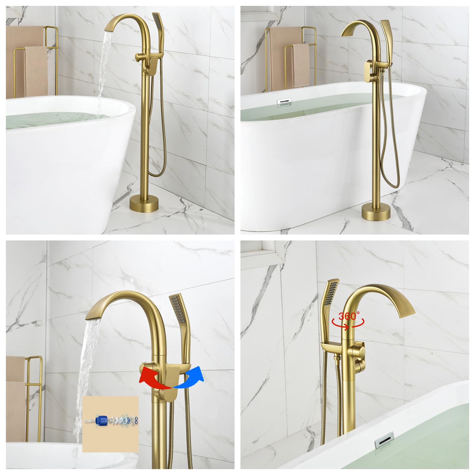 BiaoTeng Grifo Bañera Suelo con Ducha Mano Oro Cepillado Laton