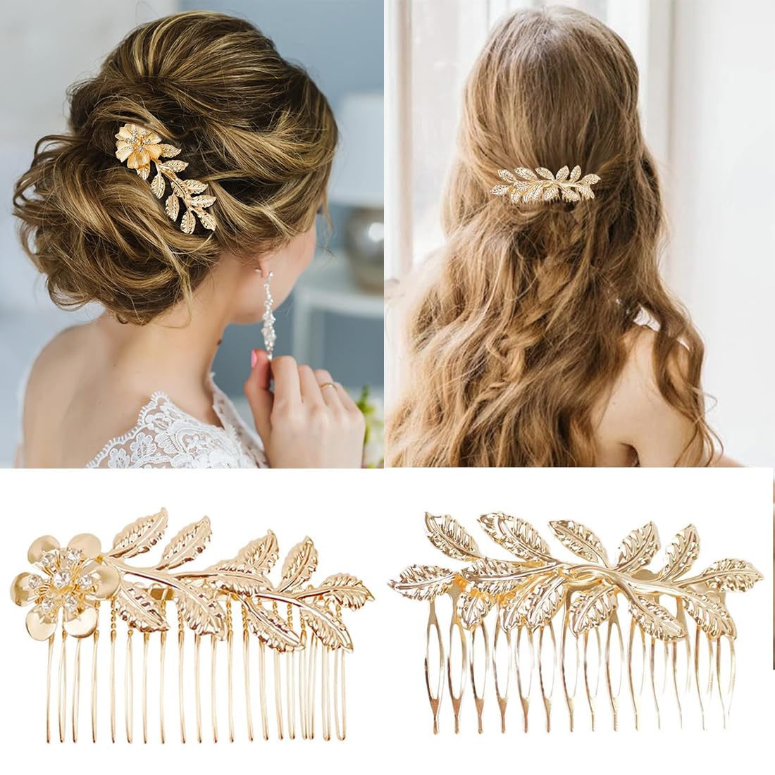 4 Piezas de Accesorios para el Pelo en Oro, Peine con Hoja Hermoso y Encantador, Ideal para Diseñar Peinados en Damas.