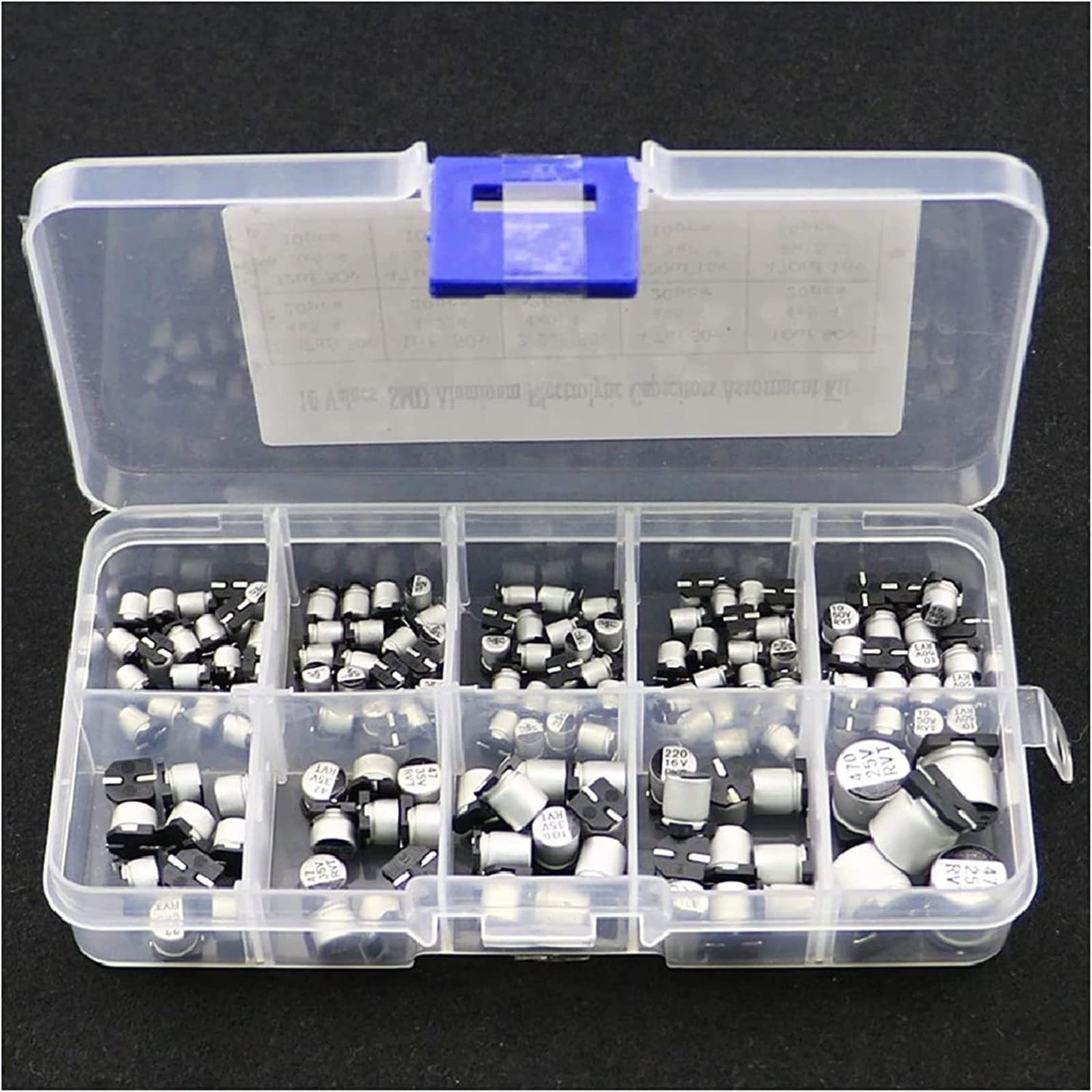 Kit de condensadores 145 piezas 10 valores SMD 0,47 a 470uF Kit surtido de condensadores electrolíticos condensadores