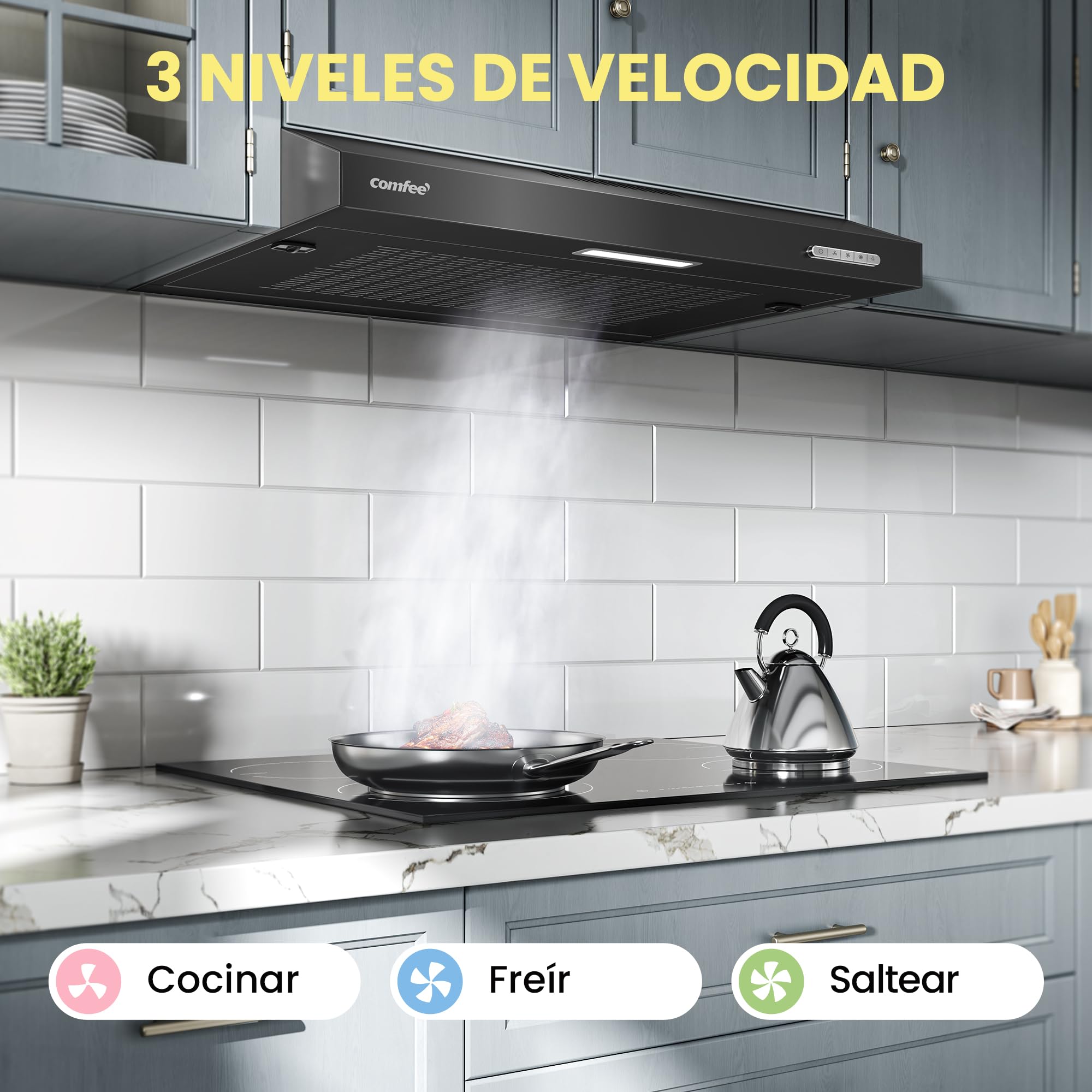 COMFEE' Cappa Aspirante 60 cm SLIF17B-60 A LED Sottopensile Aspiratore A Parete Aspirazione Superiore 600 mm - Nero