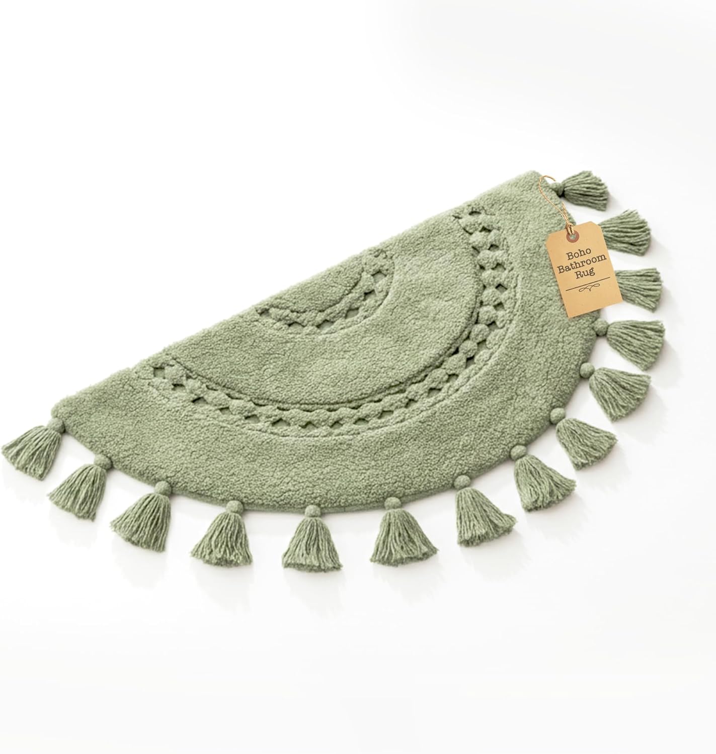 Boho Bathroom Rugs - Half Circle Cotton Mat with Crochet Insert and Tassels - Non-Slip Decorative Bohemian Rug for Bathroom, Bedroom or Entryway - Sage Green 42x22 Soft Machine Washable Accent Rug Semi-Circle Sage