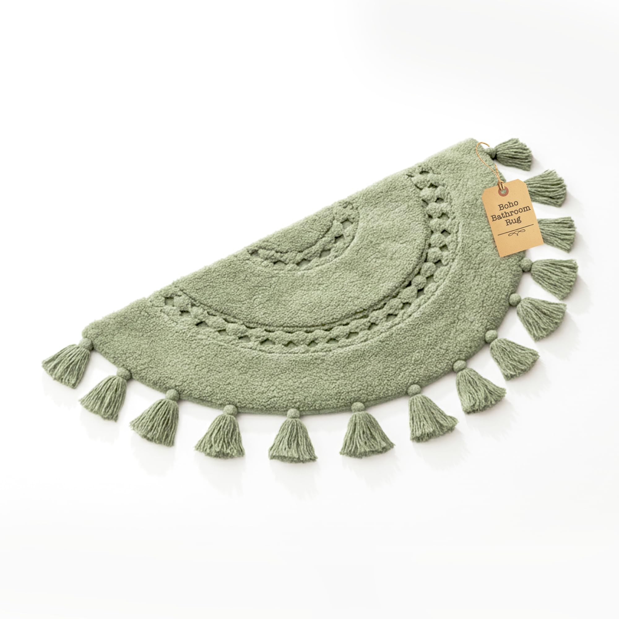 Boho Bathroom Rugs - Half Circle Cotton Mat with Crochet Insert and Tassels - Non-Slip Decorative Bohemian Rug for Bathroom, Bedroom or Entryway -