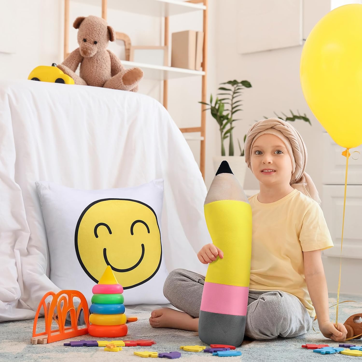 Beeveer 2 Pcs Large Pencil Pillow and Smiling Face Cushion Cute Classroom Pillows Welcome Back School Cushion Cute Pencil Plush Decor for School Classroom Reading Corner Plush Decoration Teacher Gift
