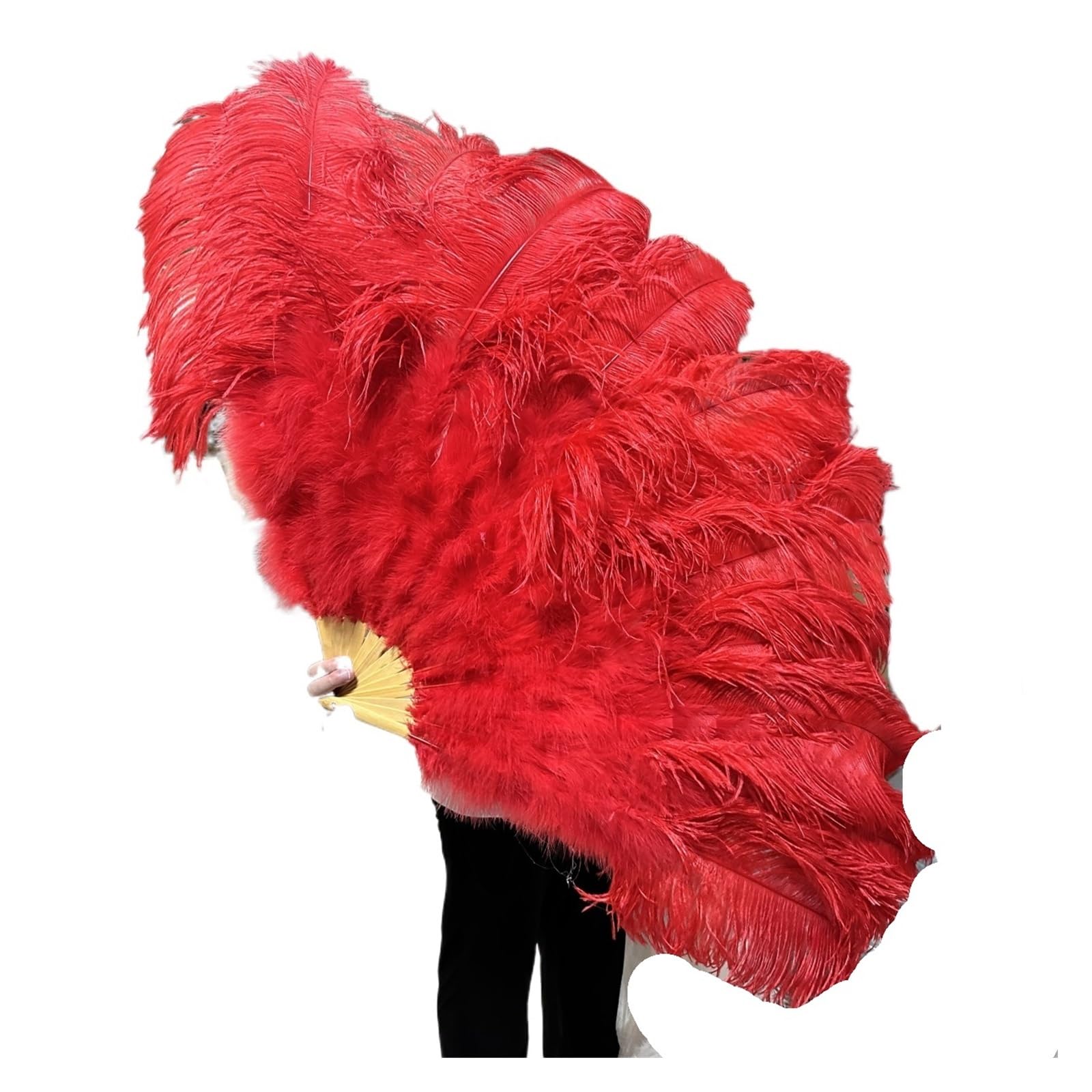 AMEEDA Ostrich feather fan Large 13 Bone Fuffly Feathers Fans 100CM 130CM Rose Red Handheld Plumes fan for Wedding Party Stage Performance Props(Red,Left hand 100CM)