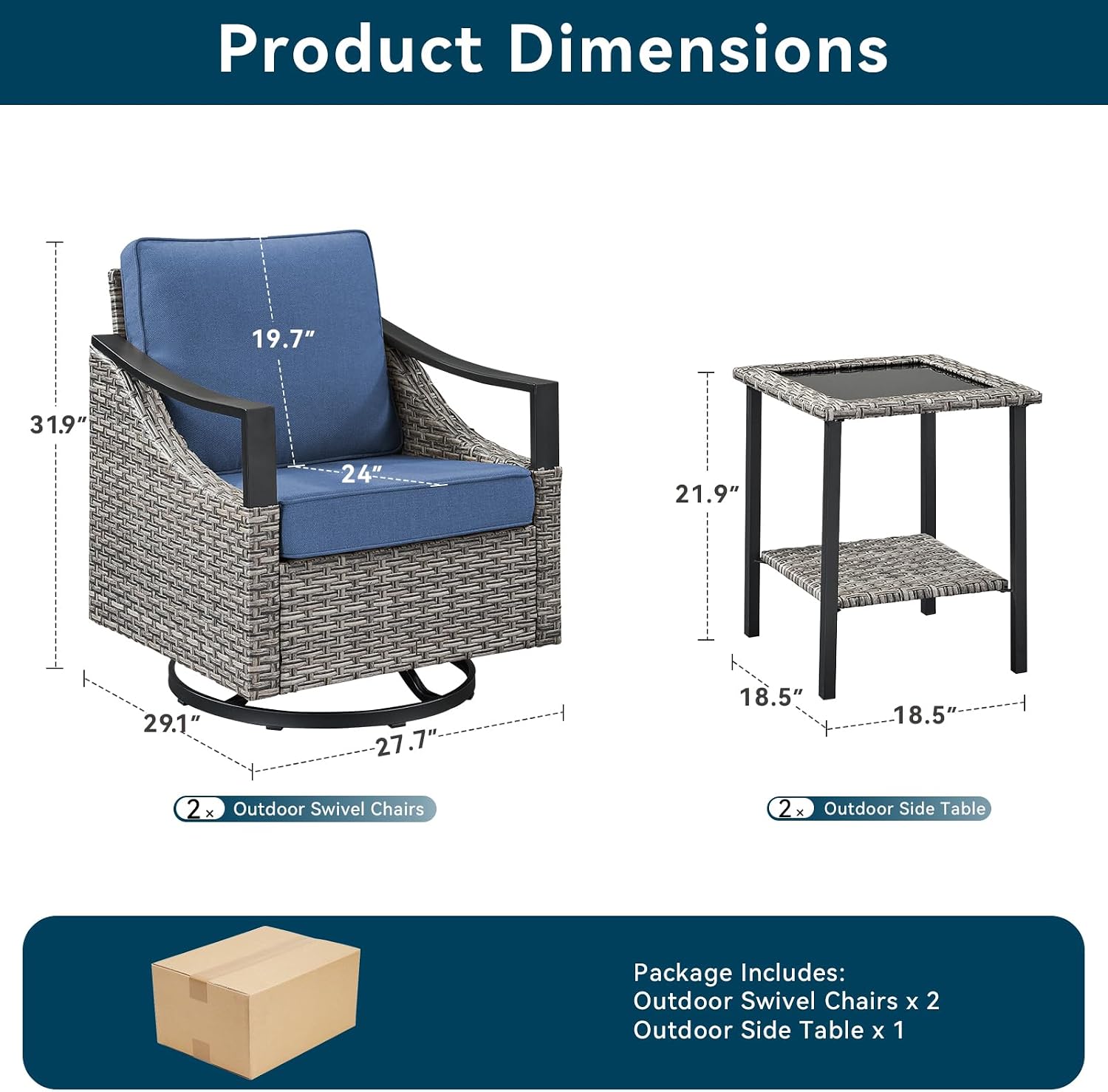 3 Pieces Wicker Patio Furniture Set-High Back Swivel Patio Chairs Set of 2 with Rattan Side Table, PE Wicker Outdoor Patio Furniture Sets with Covered Cushions for Porch Deck Garden Grey/Blue