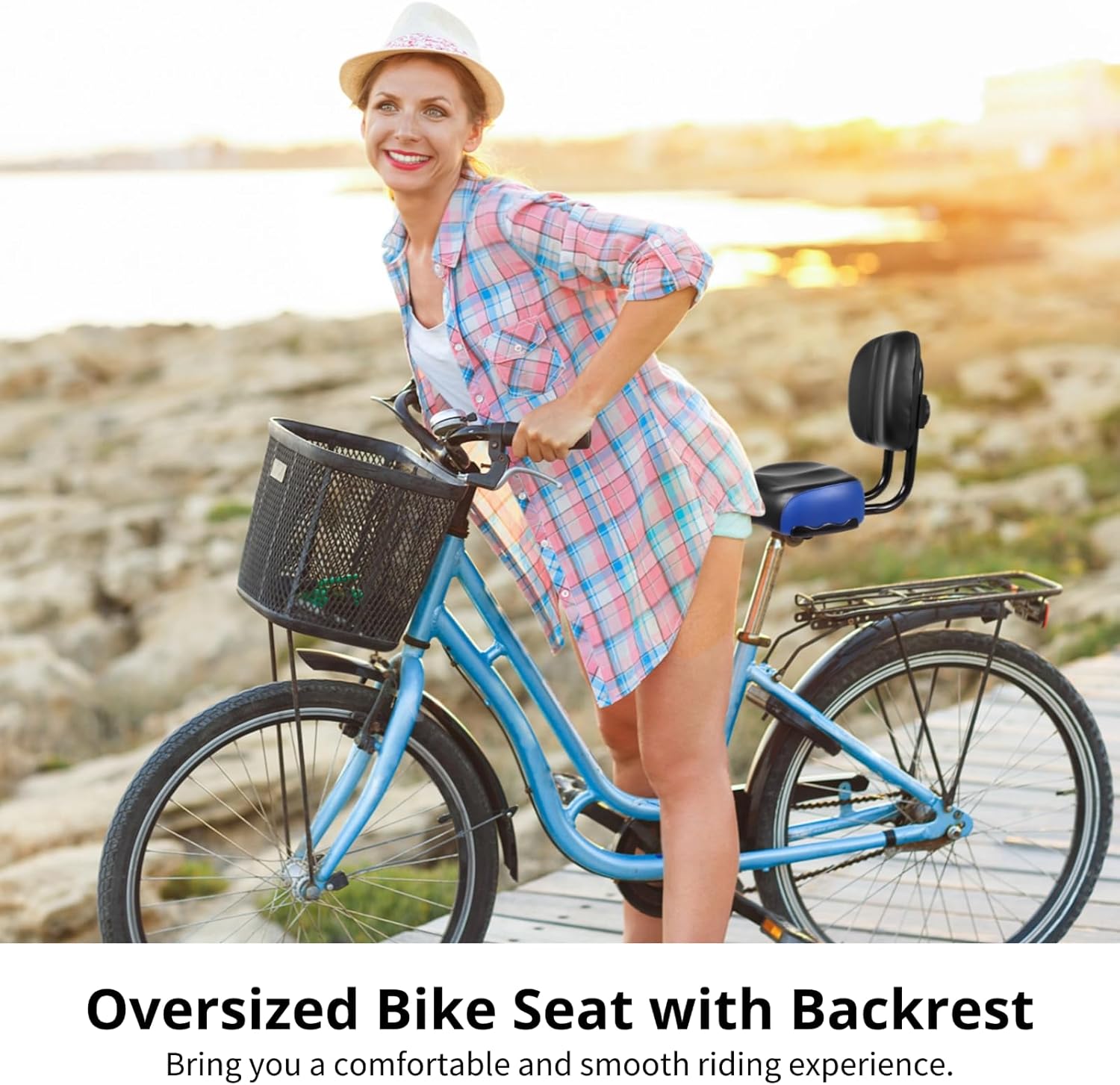 Bike Seat with Backrest - Oversized Bicycle Saddle with Back Support, Wide Bike Padded PU Cushion Saddle, Universal Saddle Replacement for Tricycle, Height Adjustable