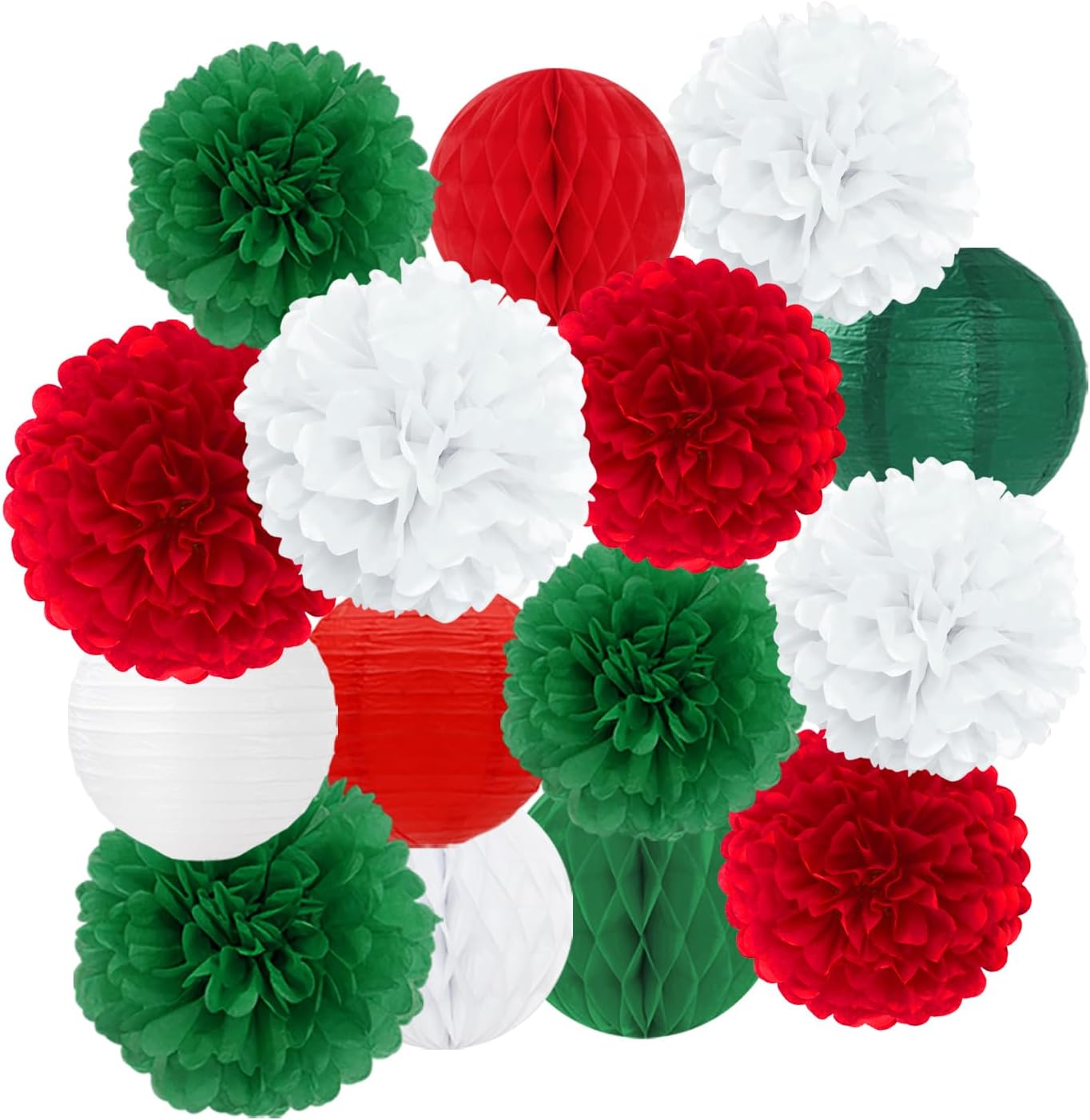 Red Green White Paper Flowers Tissue Pom Poms Honeycomb Lanterns 15pcs Christmas Party Decorations Mexican Italian Birthday Wedding Baby Shower Bachelorette Hanging Supplies Mprocherify