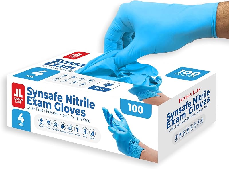 London Labs Synsafe 4 Mil - Blue Nitrile Exam Gloves –Disposable Latex Free & Powder Free – Extra Strong, Rubber Gloves