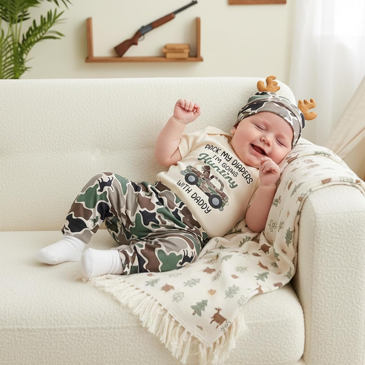 Daddys Little Buddy Baby Boy Outfit Letter Fish Print Long Sleeve Romper Camouflage Pants and Hat Fall Outfit