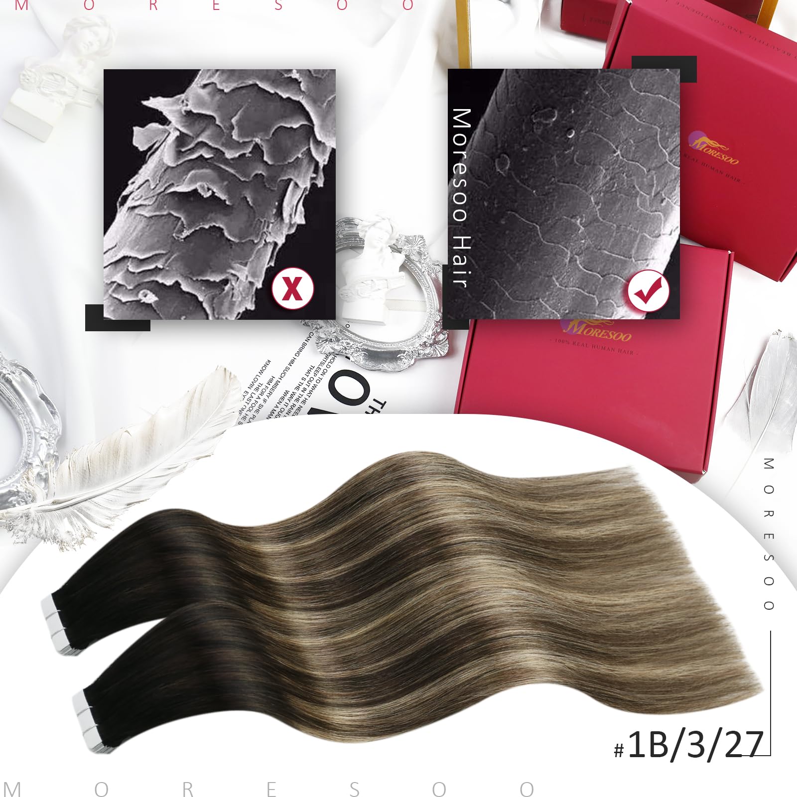 Moresoo Tape in Hair Extensions Human Hair Natural Black to Dark Brown with Caramel Blonde Balayage Tape in Real Hair Extensions Remy Human Hair 24 Inch 20 Pieces/50g #1B/3/27 - Image 2