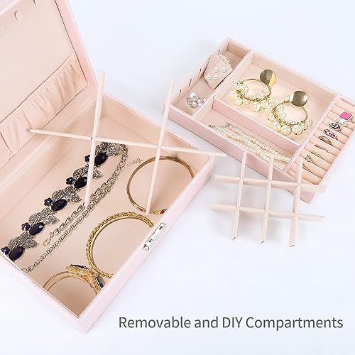 Miniatura 4 de Cajas de joyería para mujer caja organizadora grande de piel sintética caja de almacenamiento de joyas de 2 capas con cerradura caja de joyería rosa