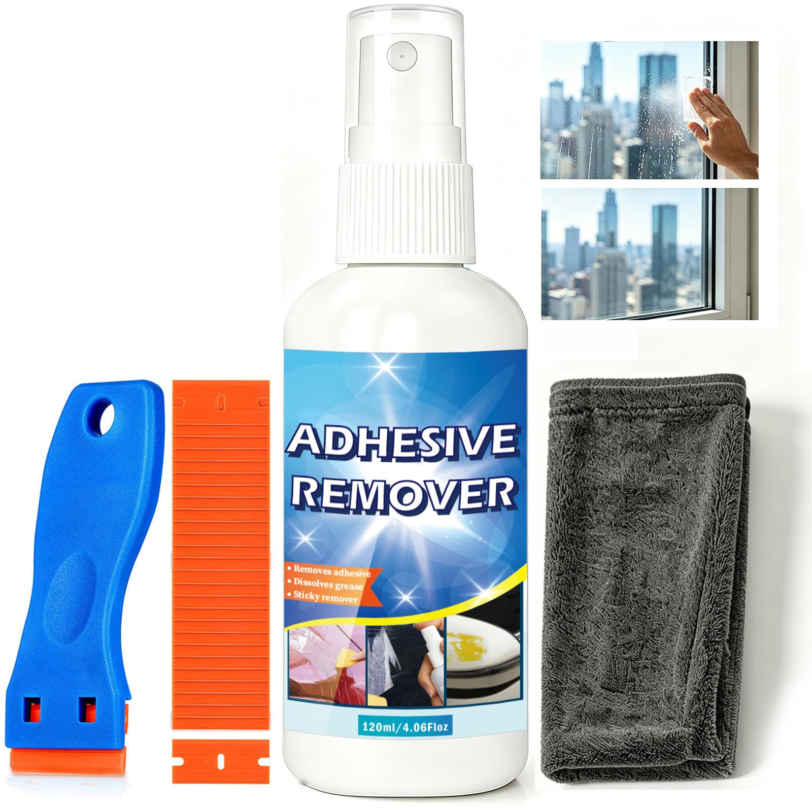 Sticky Stuff Remover Spray, Strong Adhesive Glue Residue Remover with Scraper And Towel, Surface-Safe And Easy To Remove Sticker, Label, Tape,Tar, Wax,On Car,Glass, Carpet,Metal(120ml)