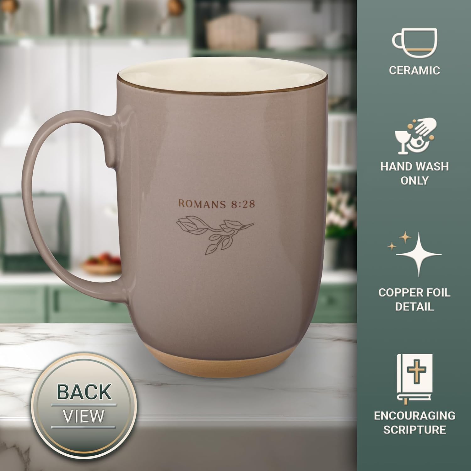 Christian Art Gifts Large Inspirational Ceramic Bible Verse Coffee & Tea Mug for Women: All Things for Good Encouraging Scripture, Novelty Golden Beverage Cup, Clay Base, Taupe & White Floral, 15 oz. - Image 3