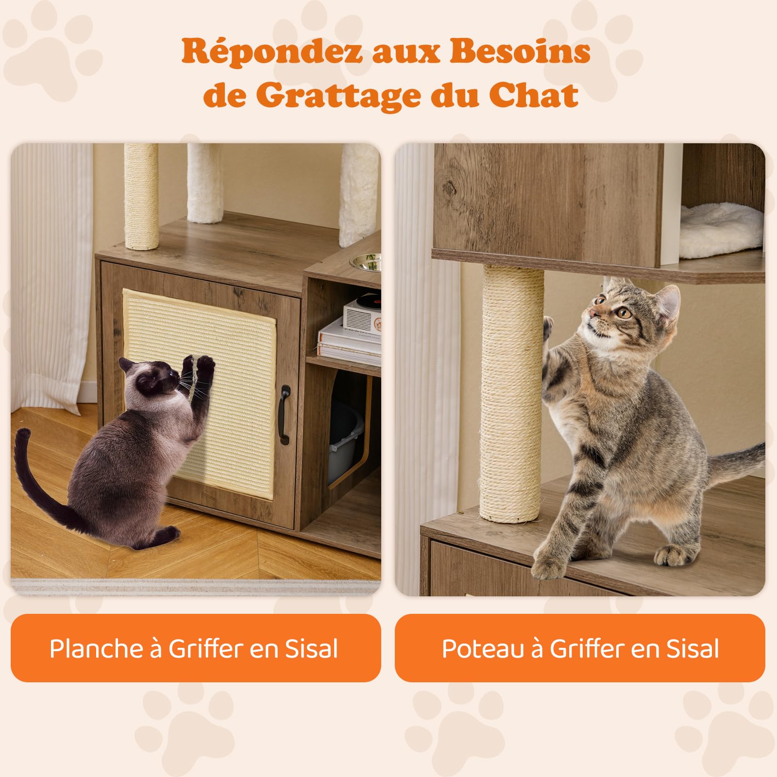 COSTWAY Arbre a Chat avec Litiere Intégrée, Tapis et Poteau à Griffer en Sisal, Plateforme, Panier, Condo, Arbre à Chat XXL, 2 Gamelles, Coussin Amovible, Pompon, Patins Réglables (155 cm,Gris)