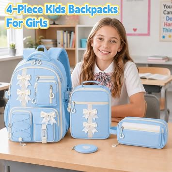 Girls Backpack with Lunch Box Set, 4 PCS Blue Cute Kawaii School Bookbag