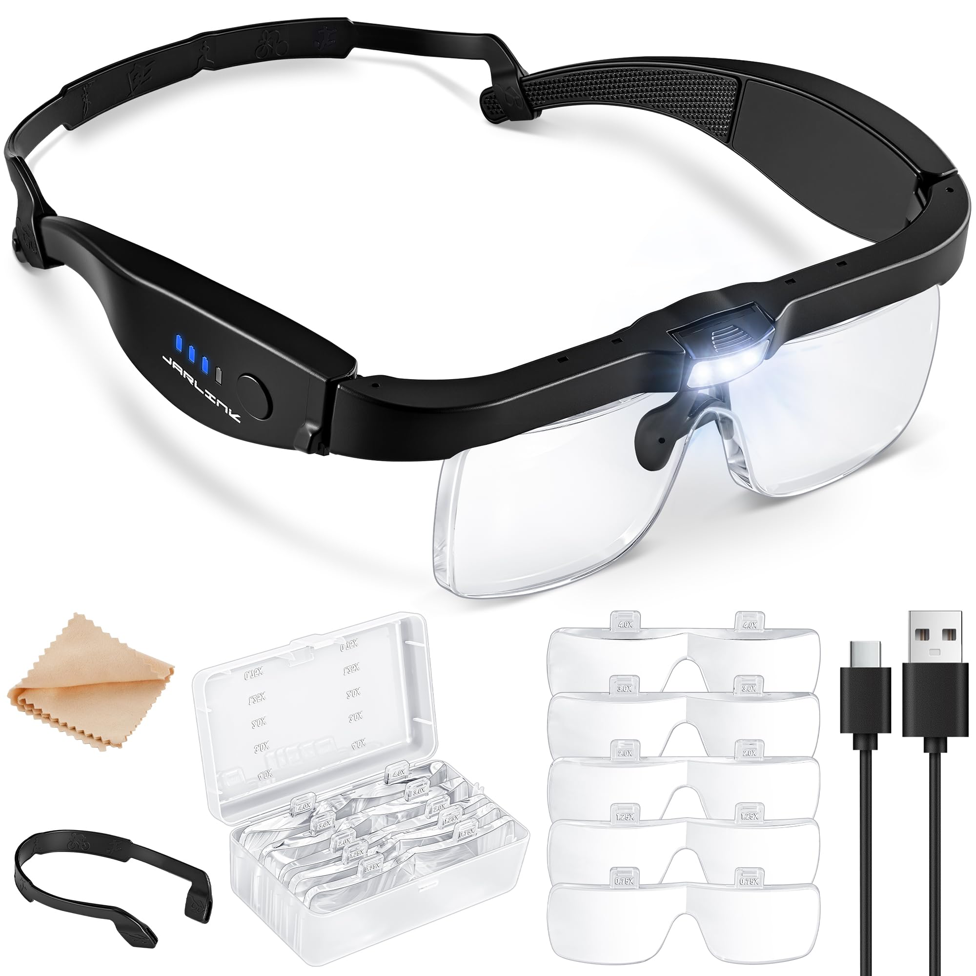 JARLINK Lupa con luz, lupas con 5 lentes 0.75-4.0X y 3 luces LED, lupas recargables para trabajos cercanos, manualidades, lectura, joyería y maqueteros
