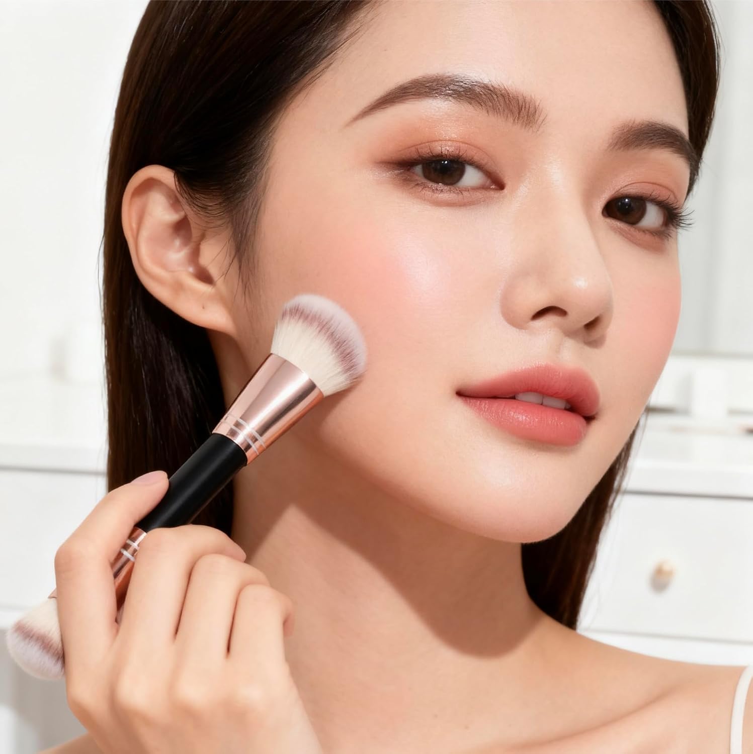 Dual-Ended Foundation Brush, Powder Foundation Brush+ Contour Brush, Angled + Round Double Makeup Brush for Powder, Cream, Bronzer Brush
