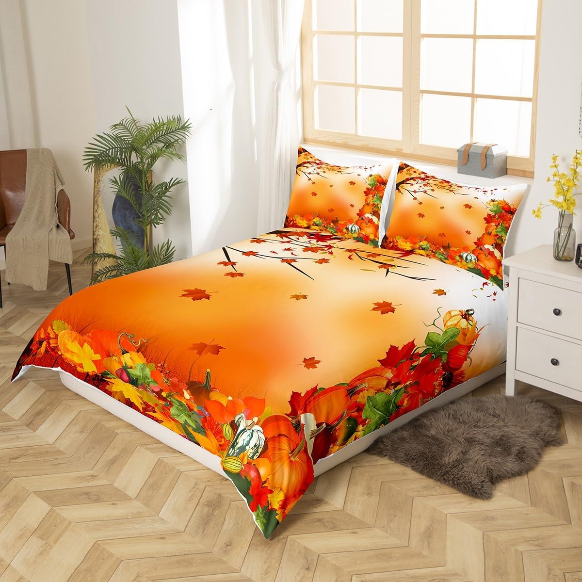 Fall Pumpkin Bedding Duvet Cover Set Halloween Themed Bedding Set Boys Girls Maple Leaves Decor Comforter Cover Set Microfiber Pumpkin Festival Bedspread Cover Bedroom Bedclothes King Size