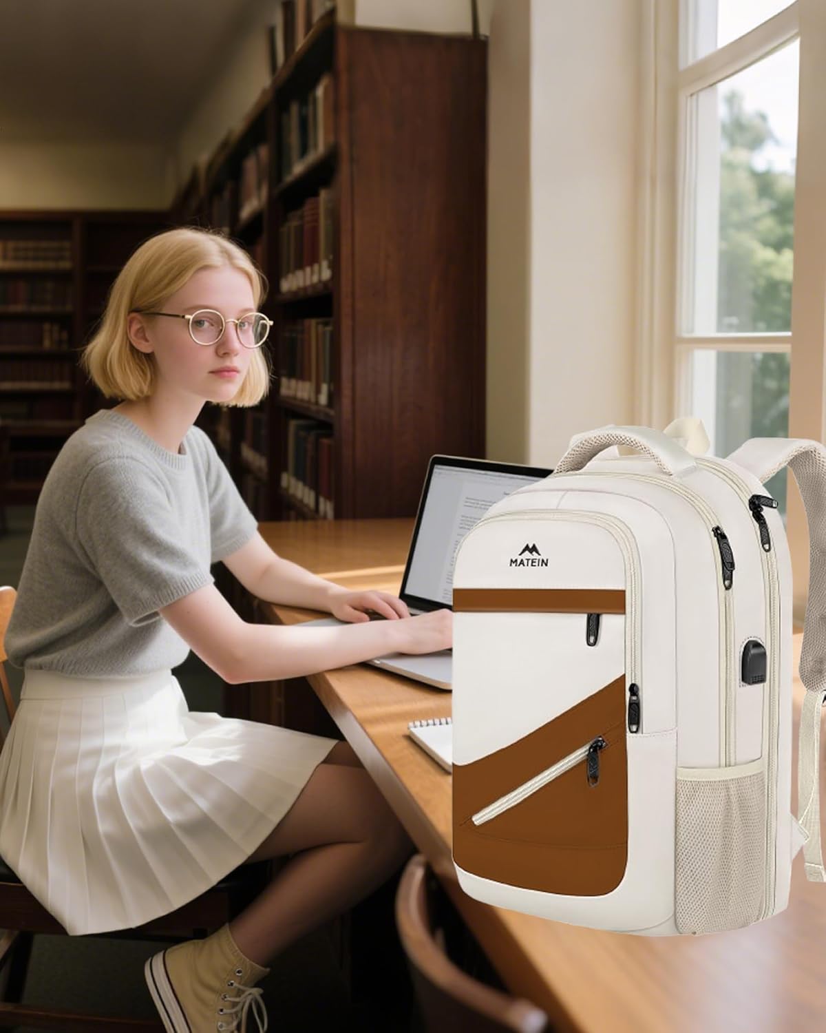 MATEIN 17.3 Inch Womens Laptop Backpack, Water Resistant Work Business Backpack with Multiple Pockets Fits 17 Inch Computer Notebook, Spacious Commute Bag TSA Approved and Comfortable, Beige Brown - Image 9