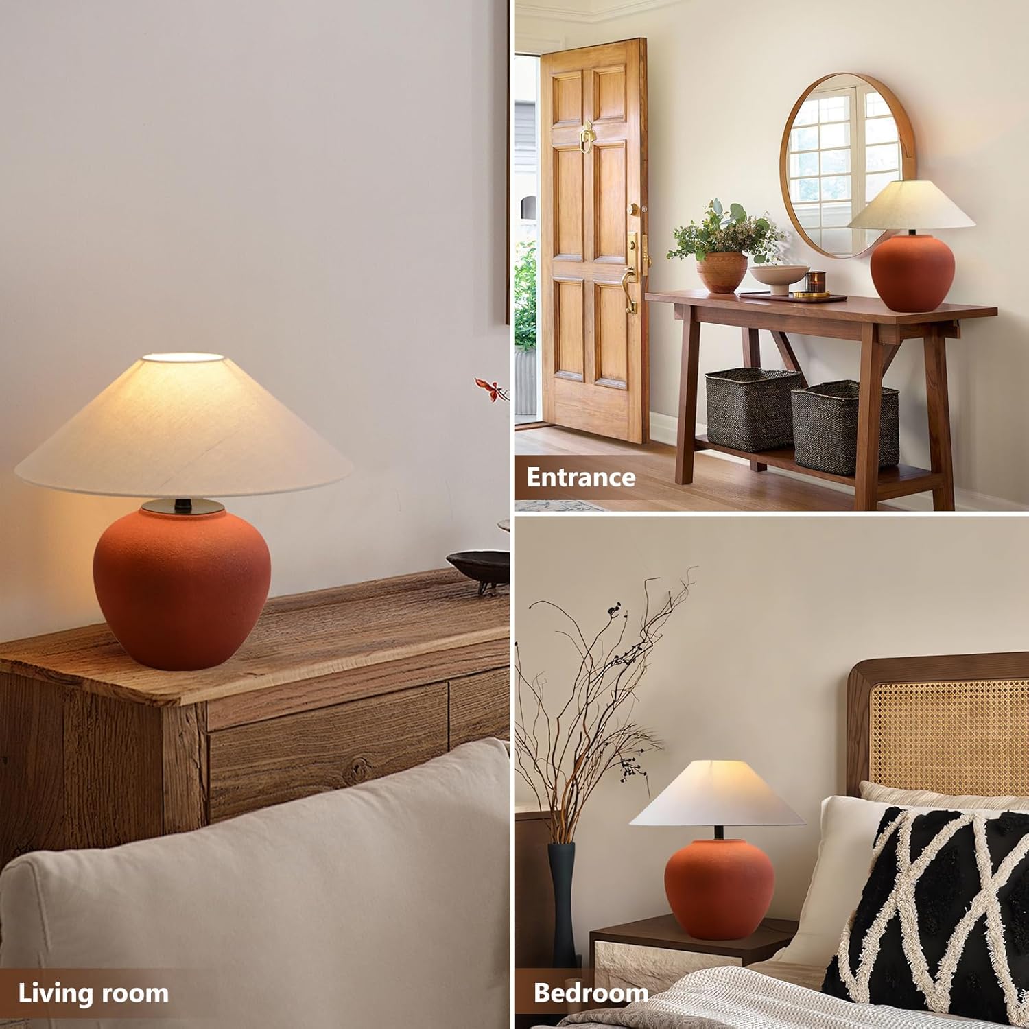 Farmhouse Table Lamp Red 18.8" Ceramic Table Lamp Southwestern Natural Red Clay Pot Lampbody with Beige Linen Shade Nightstand Lamp for Bedroom Living Room Entryway (D15.7*H14.9(Small))