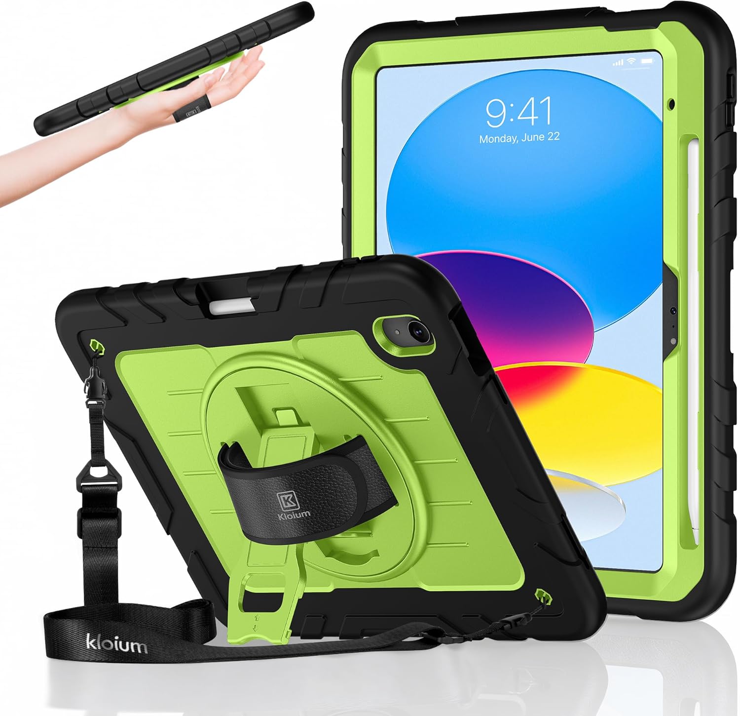 Case for iPad A16 (2025) 11th/10th Gen (11″/10.9″, 2022), Heavy Duty Shockproof Full-Body Cover with Pencil Holder, 2-in-1 Hand/Shoulder Strap, 360° Rotating Kickstand (Black+Green)