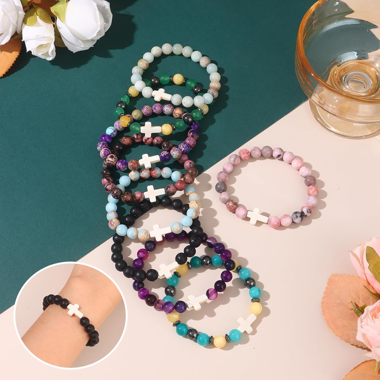 WAINIS 9Pcs Faith Cross Beaded Bracelets for Women Inspirational Christian Gifts Religious Easter Basket Stuffers Cross Bracelet 8mm Natural Stone Stretch Jesus Bracelets Bulk Gift - Image 5
