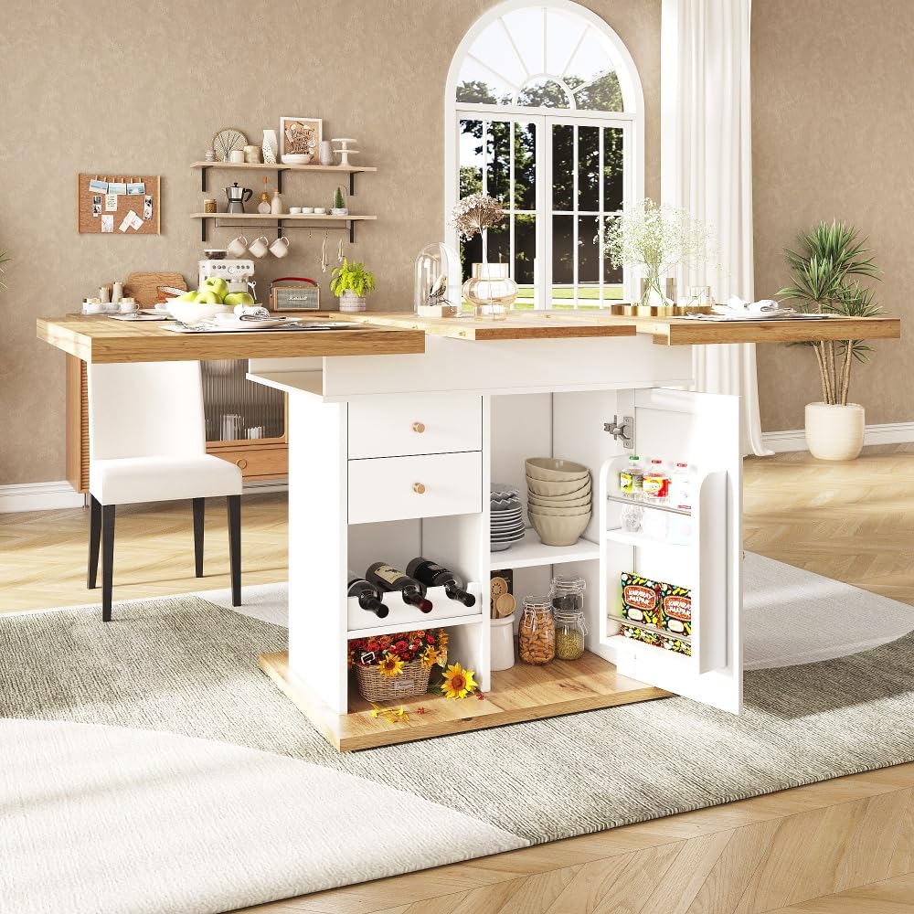 Table à manger télescopique blanche pliante anti-encombrement avec étagères