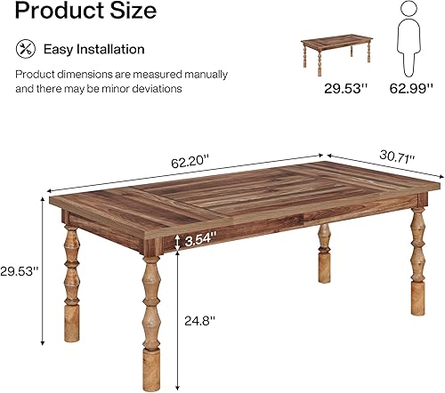 Miniatura 2 de Tribesigns Mesa de comedor de madera de 62 pulgadas para 4-6 personas, mesa de cocina rectangular grande de granja, mesa de comedor, muebles de