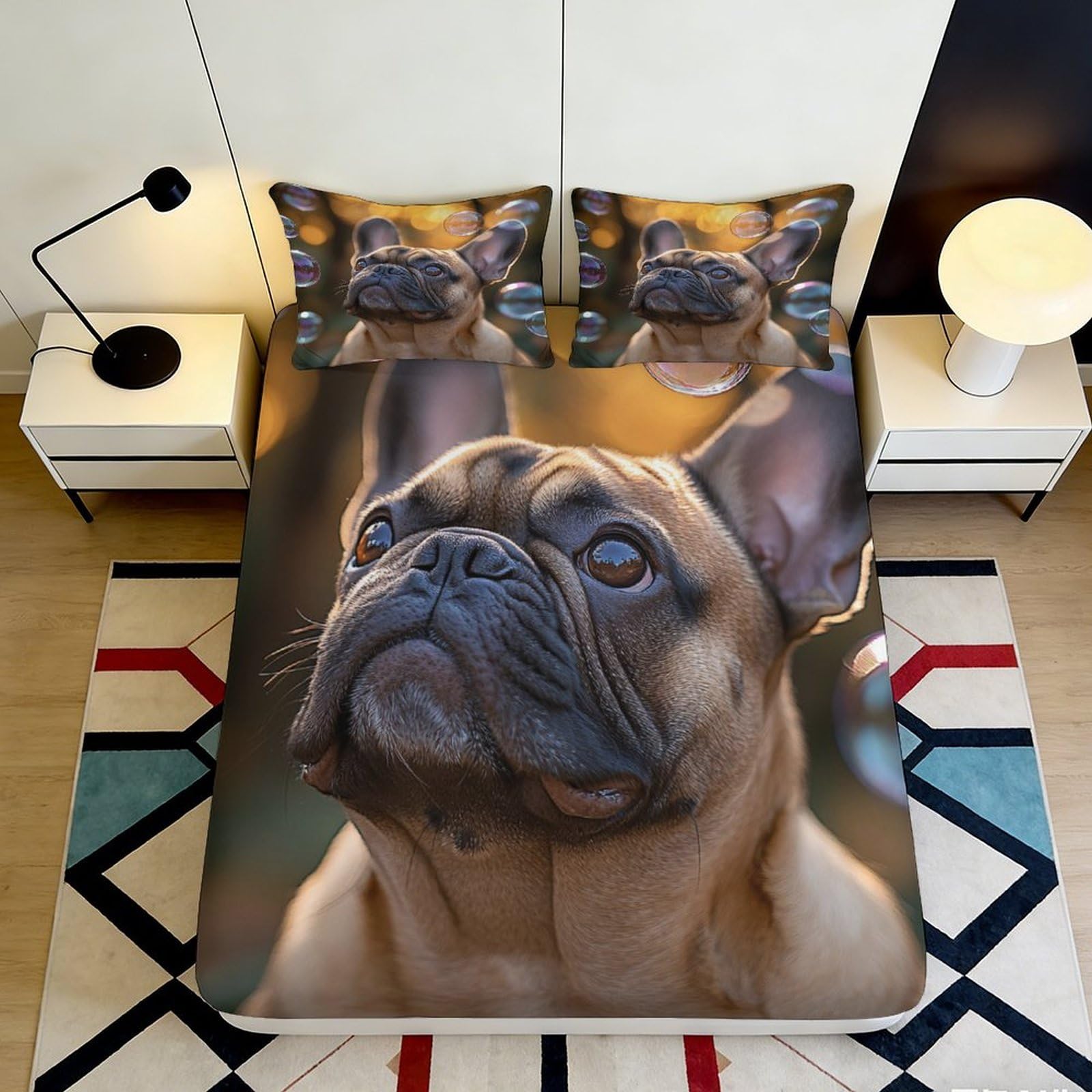 Pnayamiorkfel Style-5 3D Printed French Bulldog Fitted Sheet Microfiber Non-Slip Mattress Cover Dog Art Bed Decor Machine Washable For Bedroom Guest Room 90X200x25cm