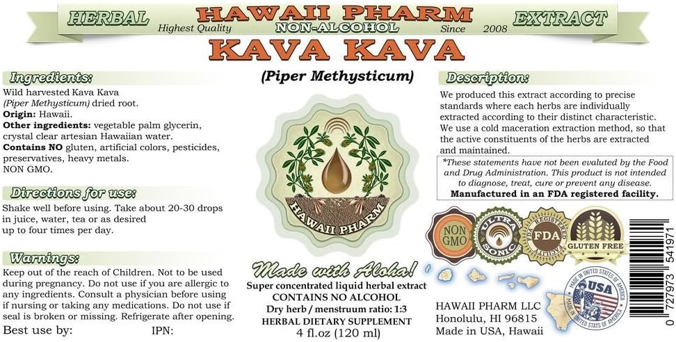 Kava Kava Alcohol-Free Liquid Extract, Kava Kava (Piper Methysticum) Dried Root Glycerite Hawaii Pharm Natural Herbal Supplement 2 oz : Health & Household