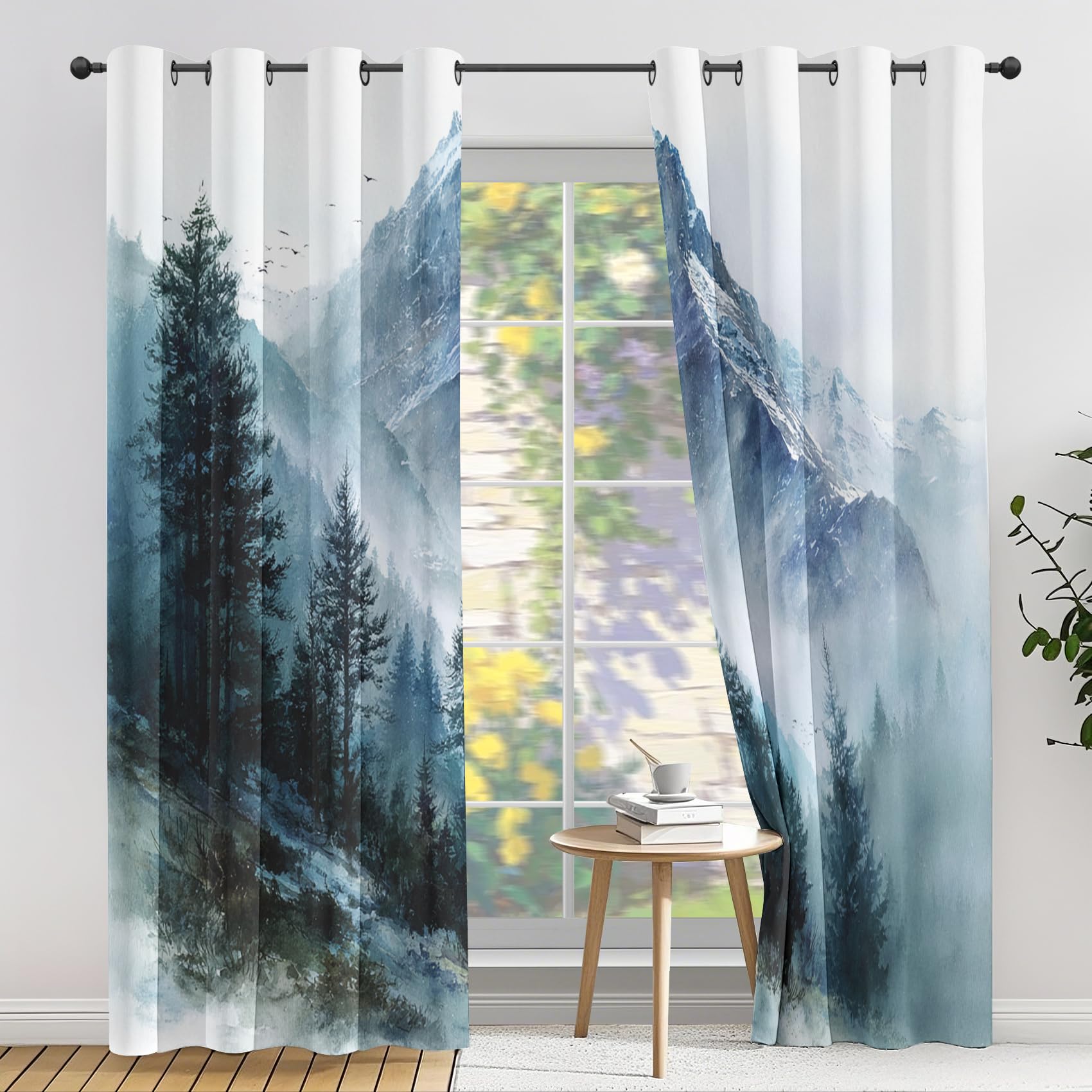 Generisch Wald Berglandschaft Vorhang, Aquarellmalerei Deko Vorhänge mit ösen, Verdunklungsvorhange 2er Set, Thermo Gardinen für Schlafzimmer Wohnzimmer H 200 x B 140 p-151