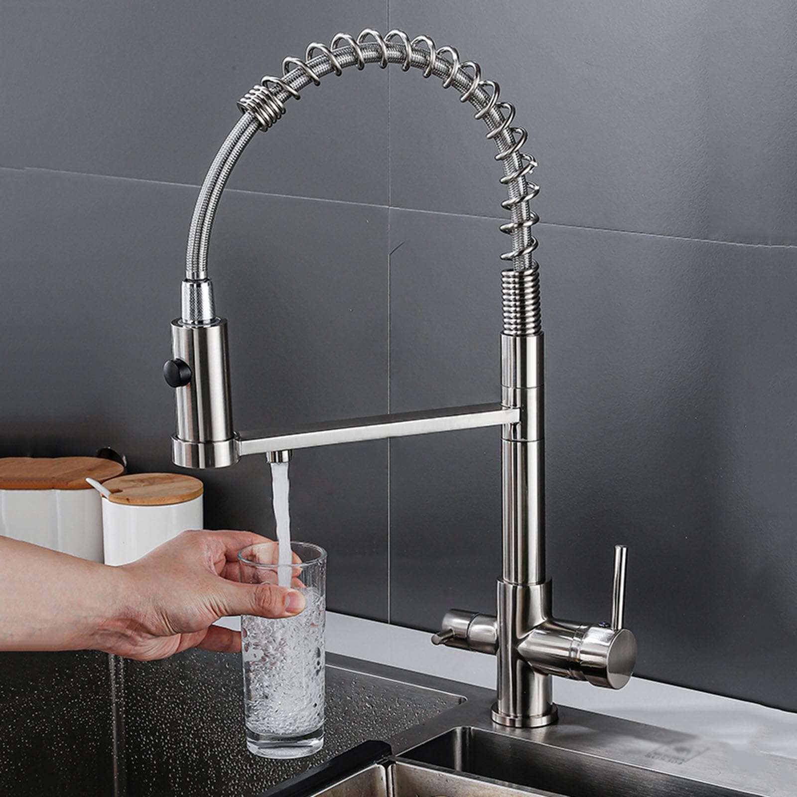 360° Küchenspüle, Mischbatterie, gebürstete Oberfläche, 7,6 cm, Filtrations-Wasserhahn, einfaches Mischen, Küchenarmatur für Zuhause, überlegener Wasserfilter und modernes Design.