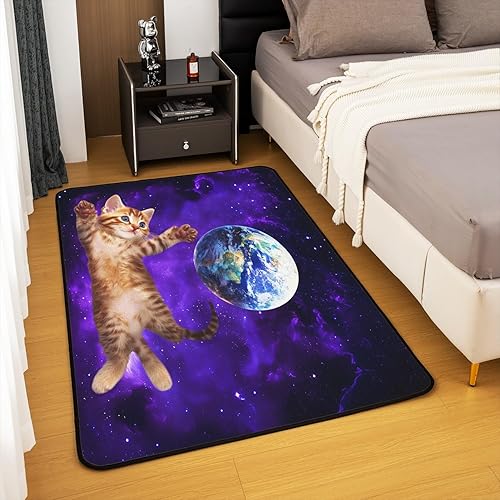 Miniatura 4 de Outer Space - Alfombra decorativa de gato de 5 x 7 pies, diseño de plantas y gatitos, para niños, adolescentes, galaxia, cielo estrellado, para sala