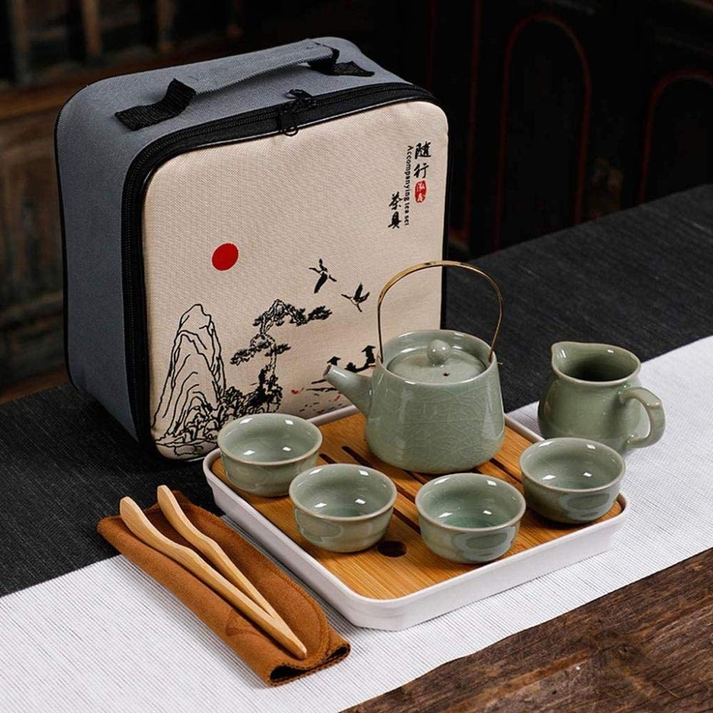 Chinesisches Kung-Fu-Tee-Set aus Keramik, tragbares Reise-Fu-Tee-Set mit Holz-Teetablett, handgefertigt, Vintage-Tee-Set, Ge Yao Ru Yao Reise-Tee-Set, Grün 2