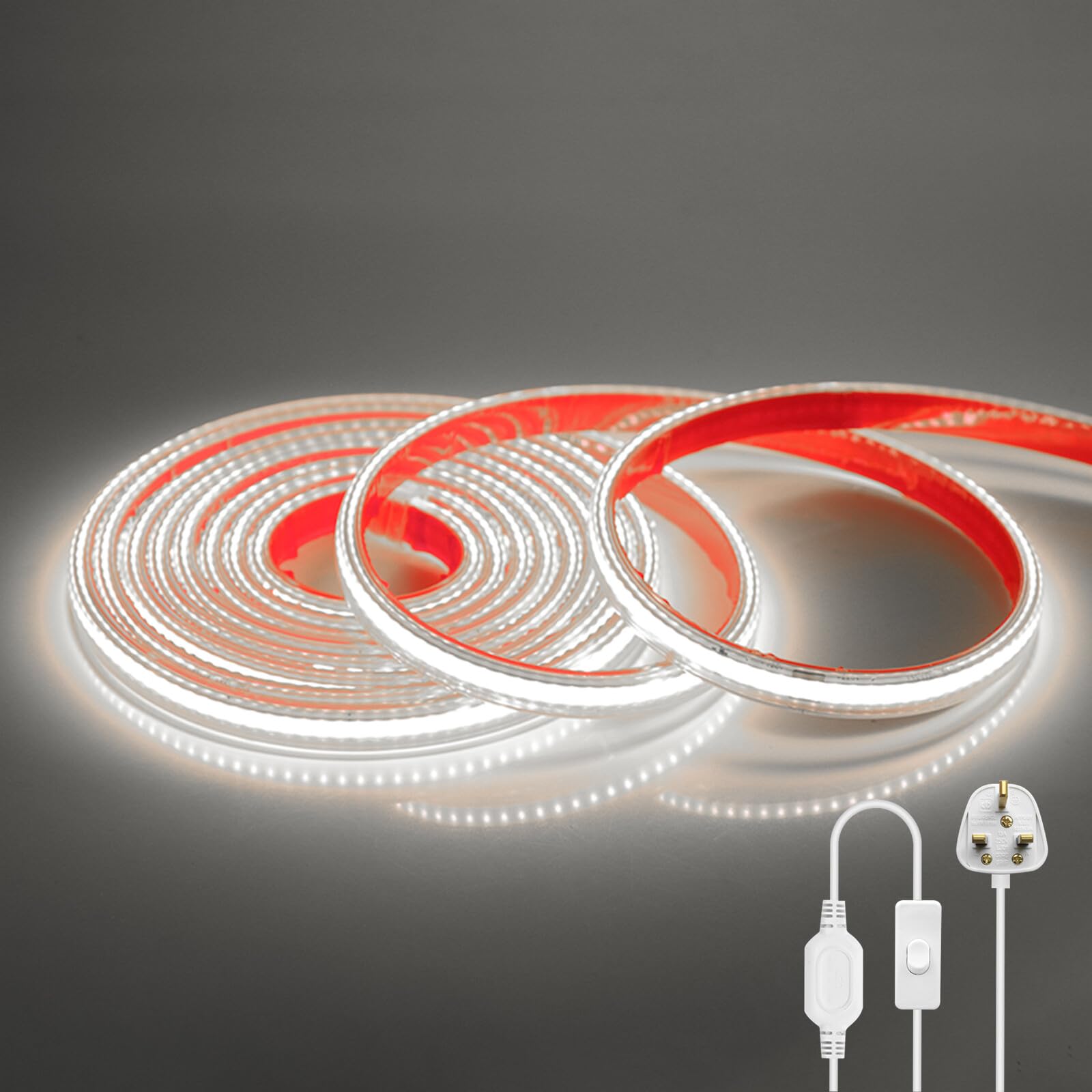 KAFULA 220V COB LED Light Strip with On/Off [12M, White 6000-6500K],IP65 Waterproof Flexible,288 LEDs/m Cuttable FCOB LED Rope Light CRI85+,Double-Sided Tape Adhesive,Home/Store Decoration