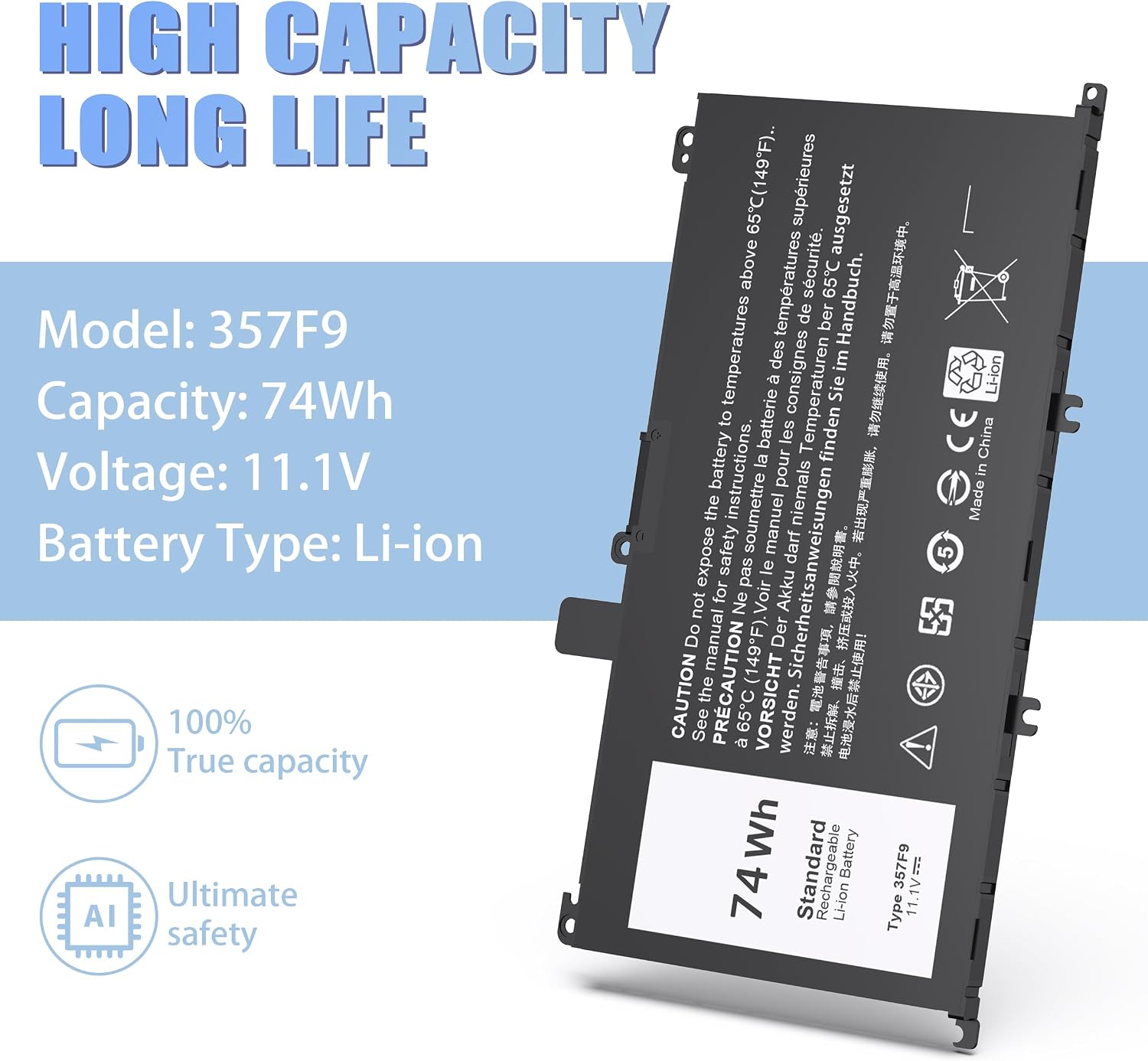 74WH 357F9 Laptop Battery Replacement for Dell Inspiron 15 7000 Gaming 15 7559 i7559 7557 i7557 5577 7567 5576 7566 INS15PD Series P65F P65F001 P57F P57F003 71JF4 071JF4 0GFJ6 0357F9