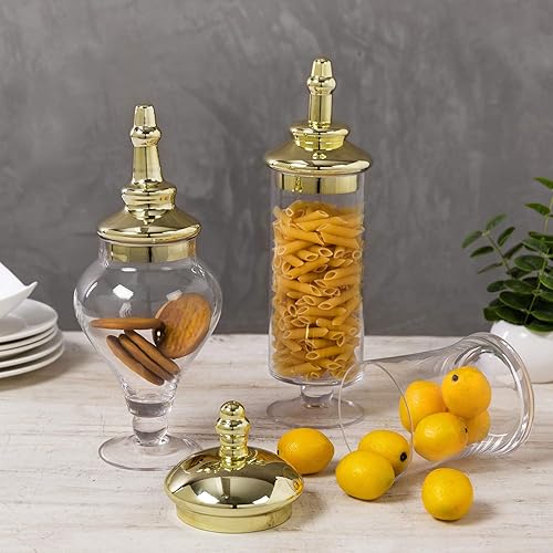 Miniatura 4 de MyGift Juego de 3 tarros de cristal transparente antiguo con tapa, centro de mesa de boda, tarros de almacenamiento de cocina con base de cobre