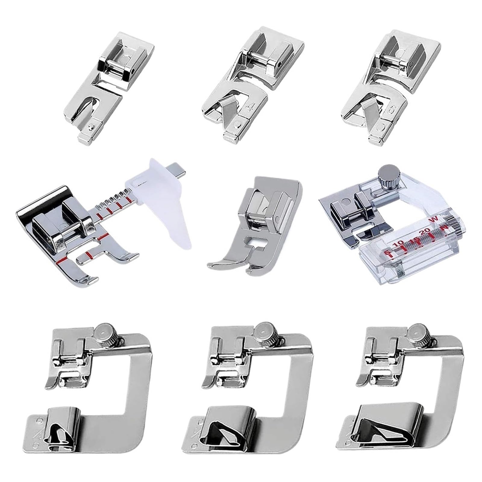 9 Pezzi Piedini for Orlo Arrotolato Stretto Piedino premistoffa Guida Regolabile Zig Zag Bordatore sbieco Accessori for Macchine da Cucire