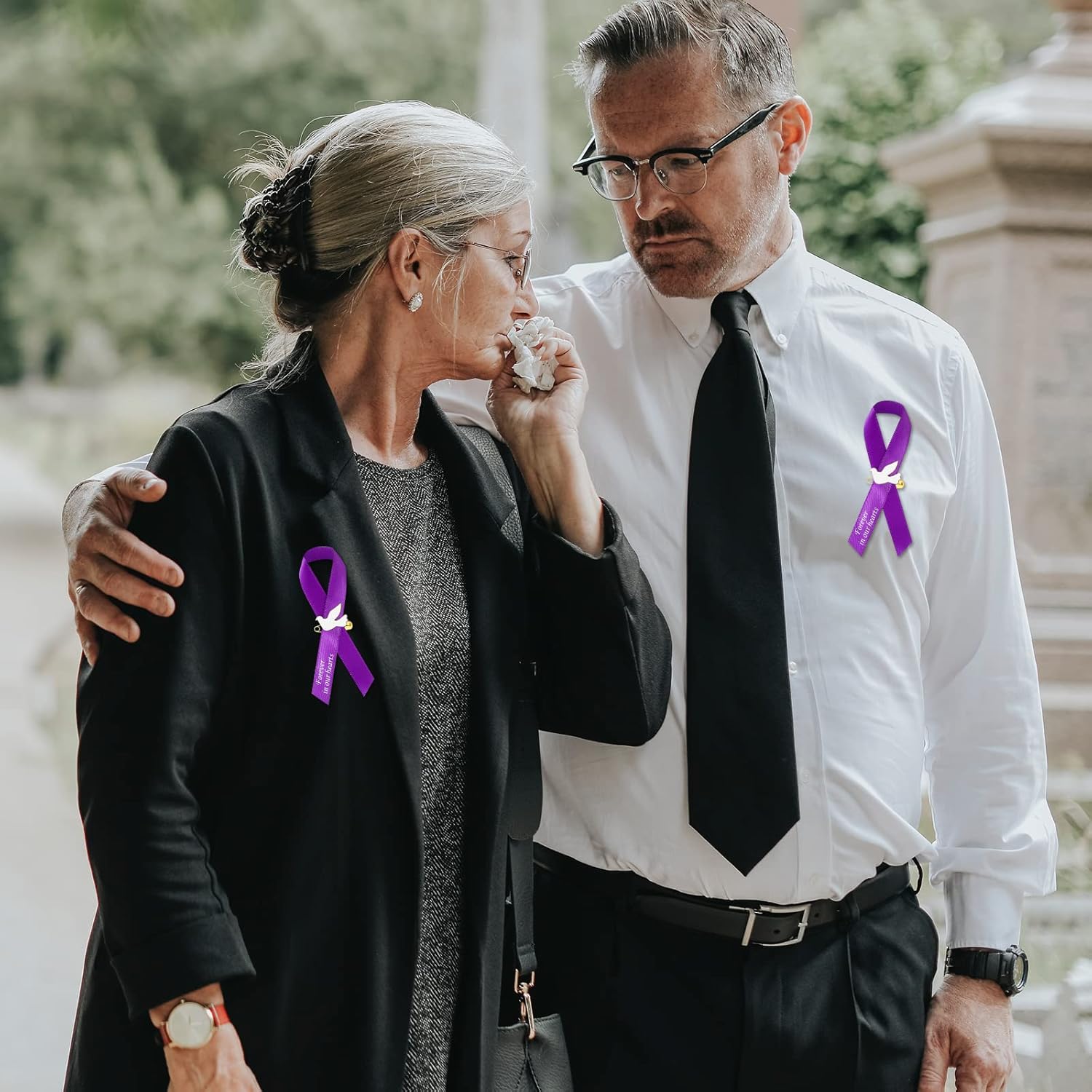 50 Pcs Dove Funeral Ribbons Memorial Ribbon Funeral Pins Classic Memorial Service Respect Ribbon Bow with Safety Pins and Dove for Mourning Remembrance Day Event(Purple)