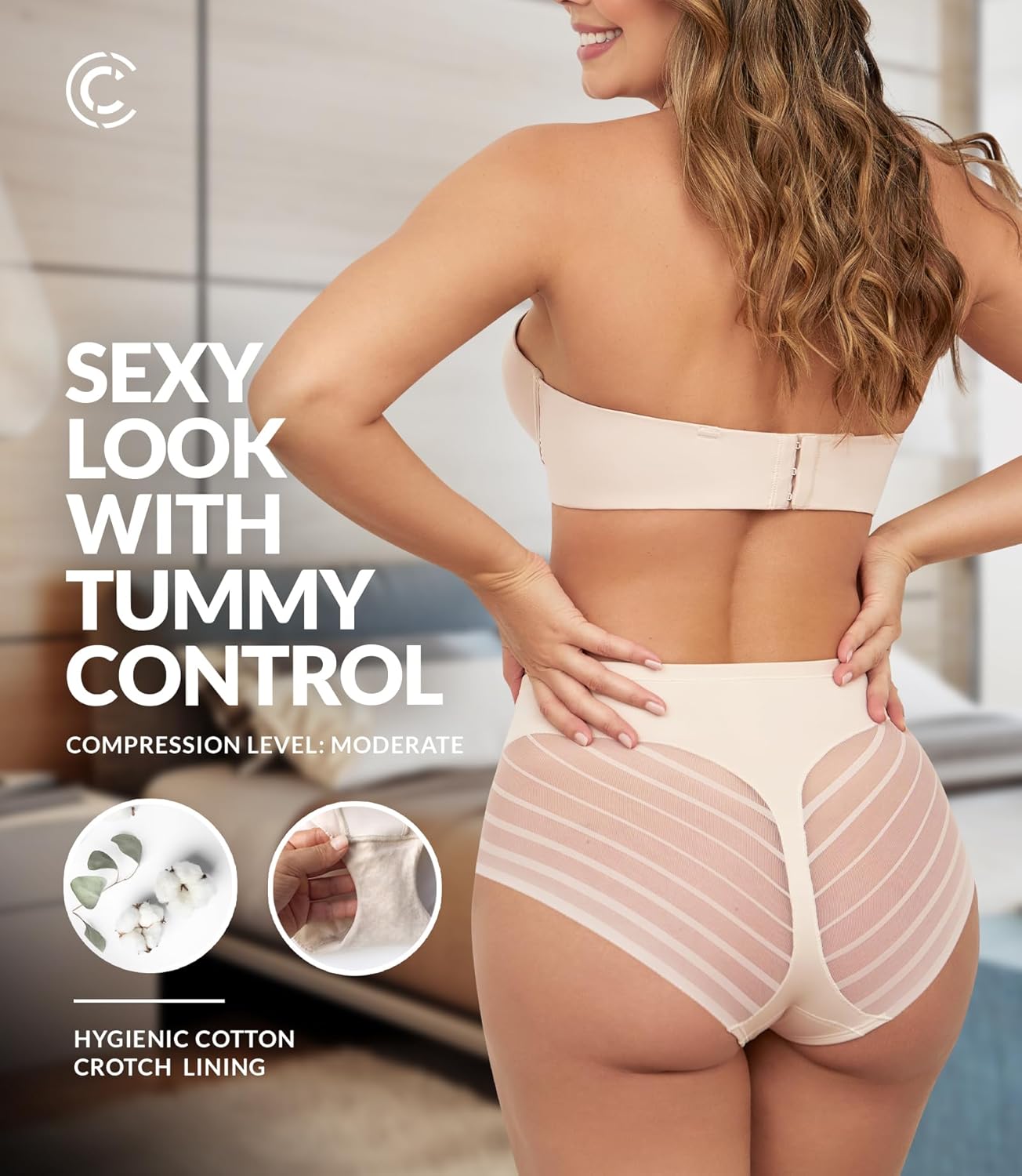 CURVEEZ High Waisted Tummy Control Stripe Lace Underwear, Shapewear Panties for Women, Thong for FUPA Control