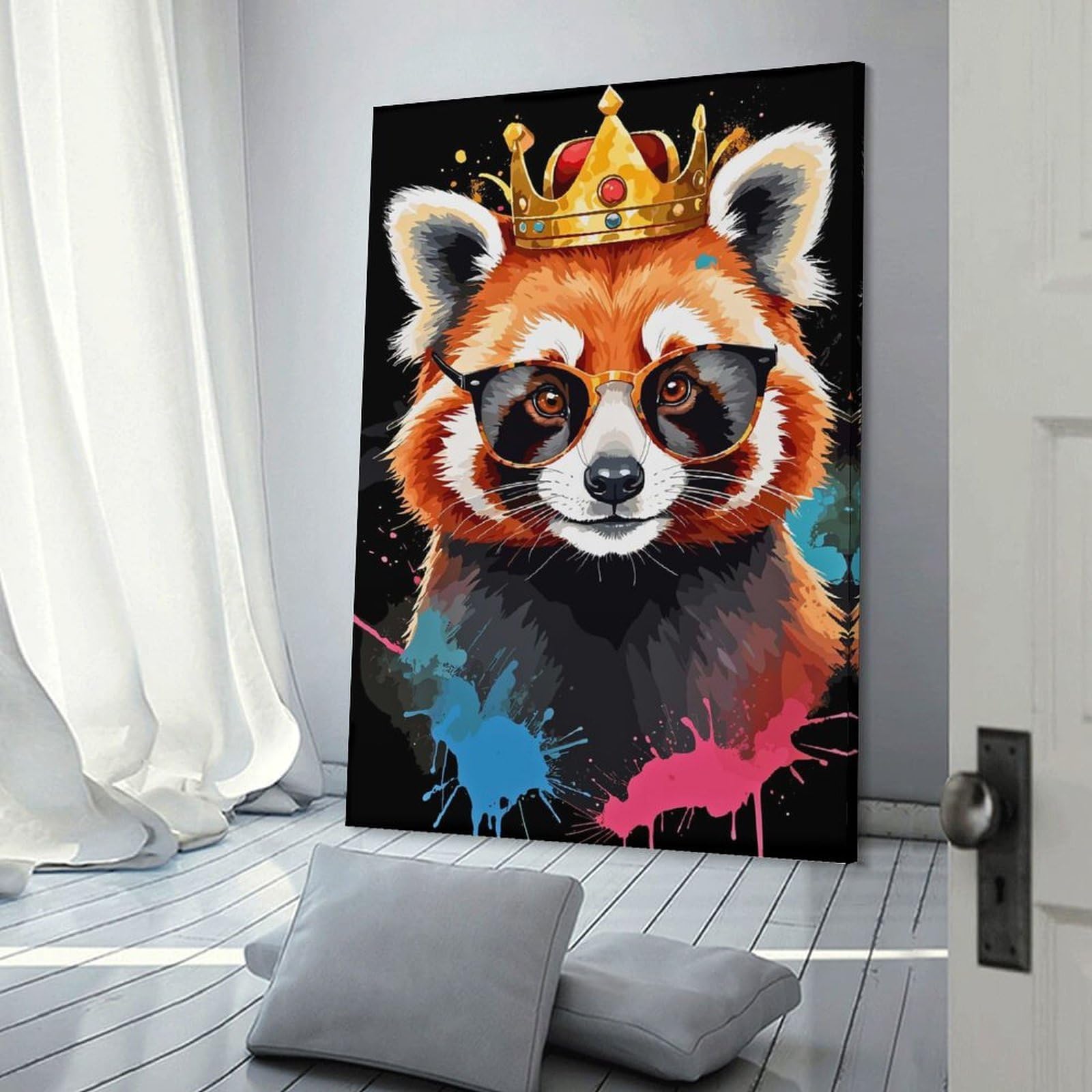 Junmoney Red Panda King with Glasses Canvas Art Print, 08x12inch(20x30cm), for Living Room, Bedroom, Office Or Hallway, Decorative Artwork with Broad Appeal