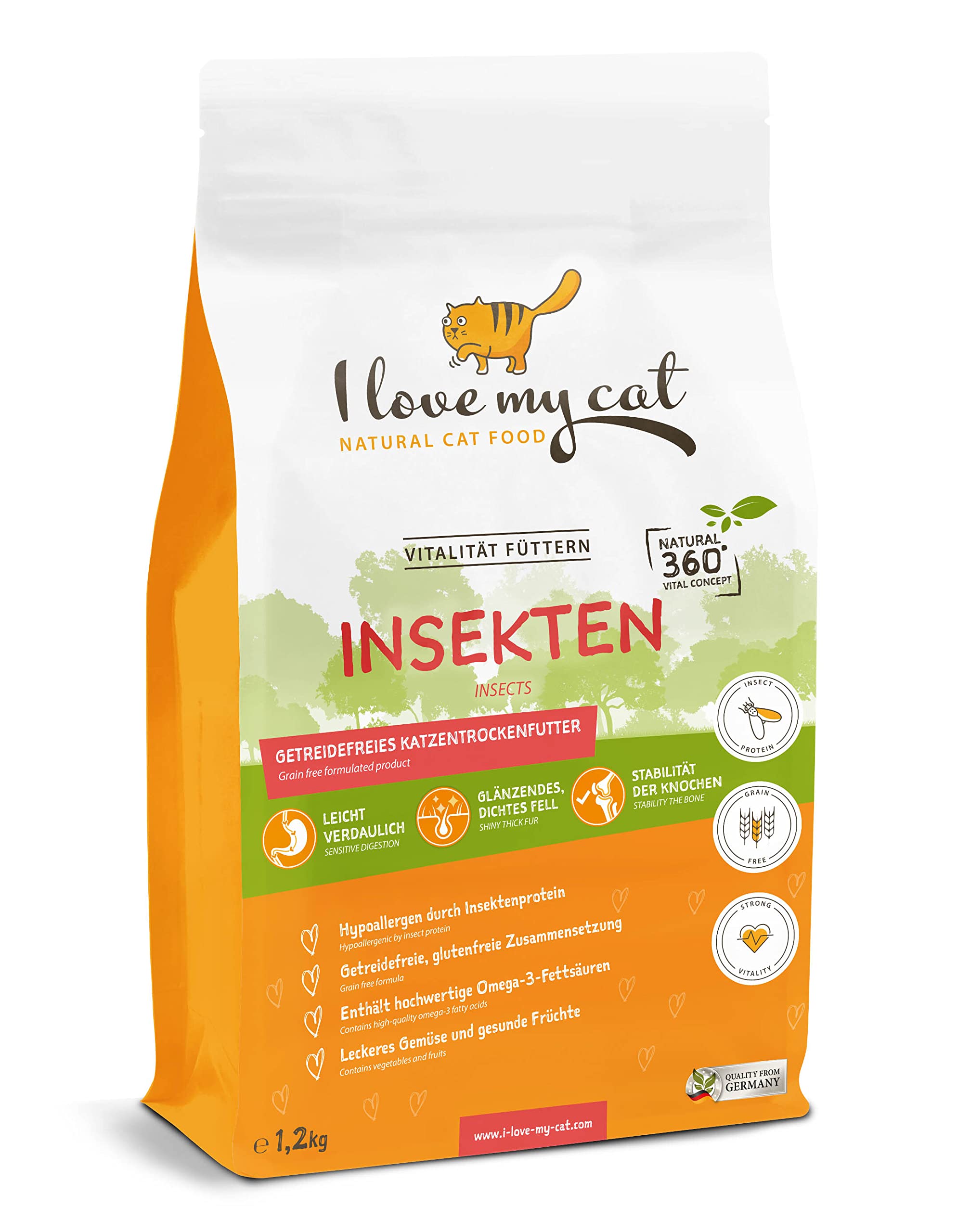 I Love My cat Futterset für Katzen mit empfindlichem Magen, getreidefrei, sensitiv, Trocken- & Nassfutter mit Insektenprotein + Shiimun Gastro 50 g + Jutebeutel
