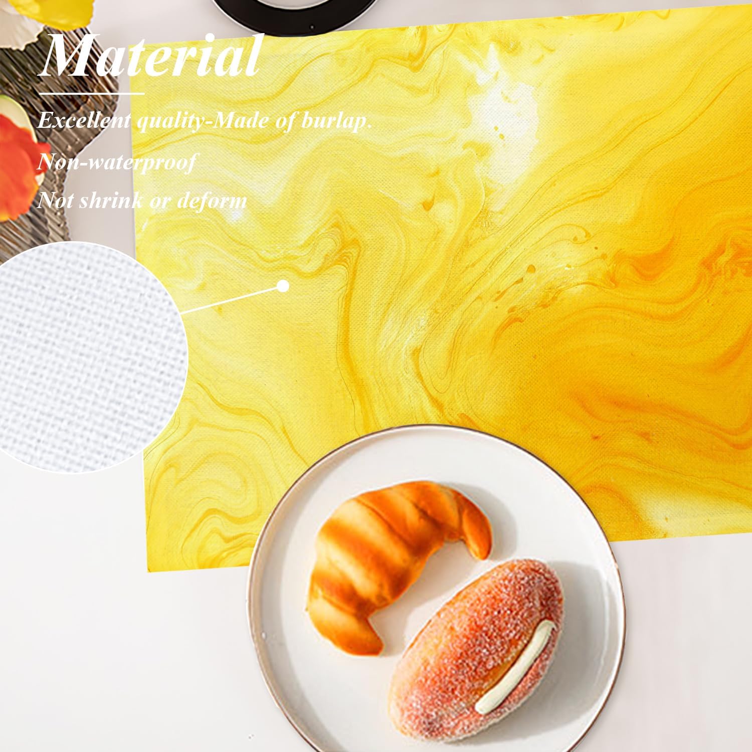 Shrahala Yellow Abstract Marble Placemats, Light Yellow Art Water Pattern Table Mat Linen Burlap Washable Double-Deck Heat Insulation for Dining Table Kitchen Table Set of 4 (12 x 18 inch)