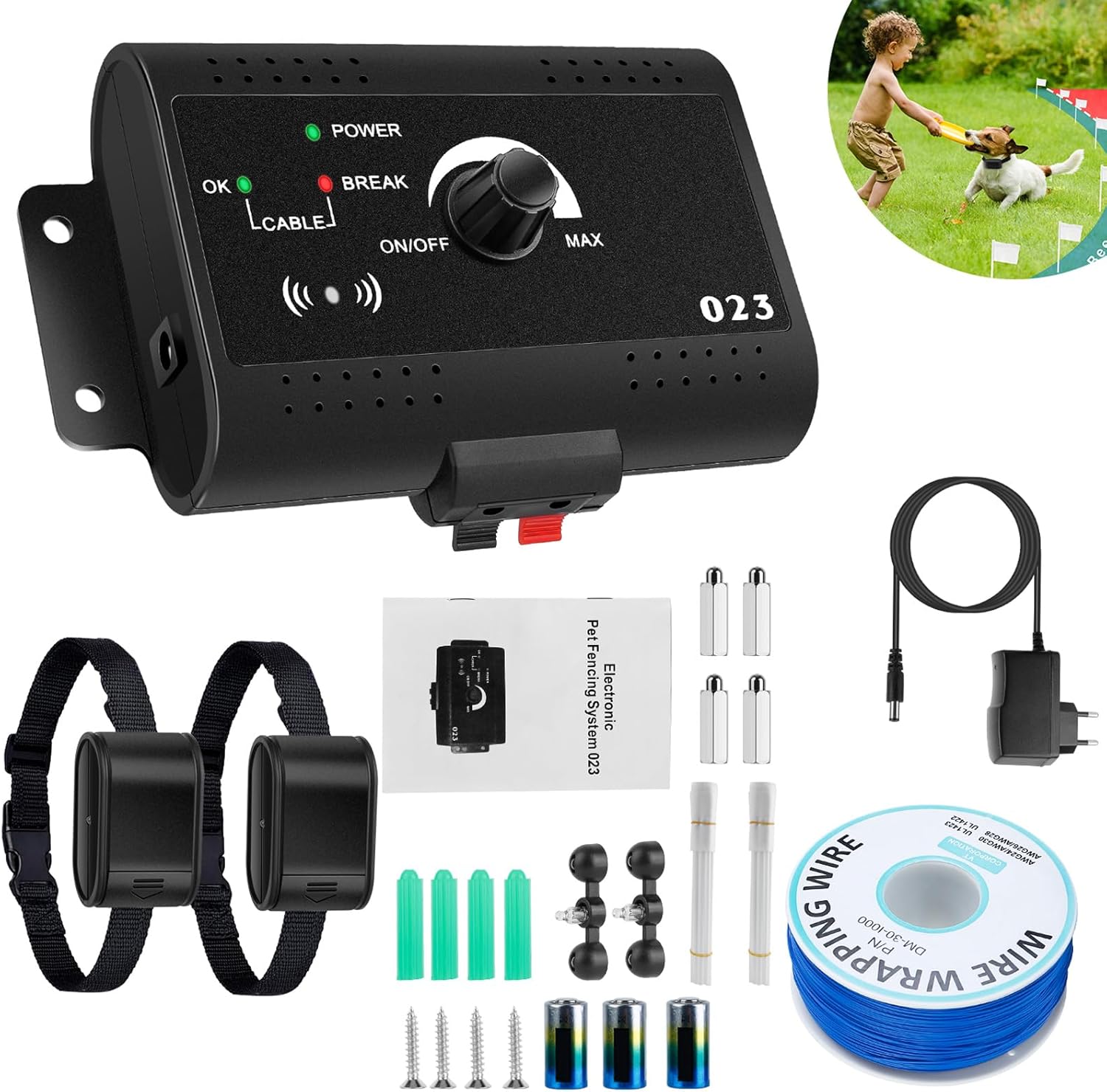 KOCASO Electric Fence for 2 Dogs, Underground Dog Fence System, Waterproof Pet Containment System, Rechargeable Electronic Training Collar, Dog Boundary Container for 2 Dogs