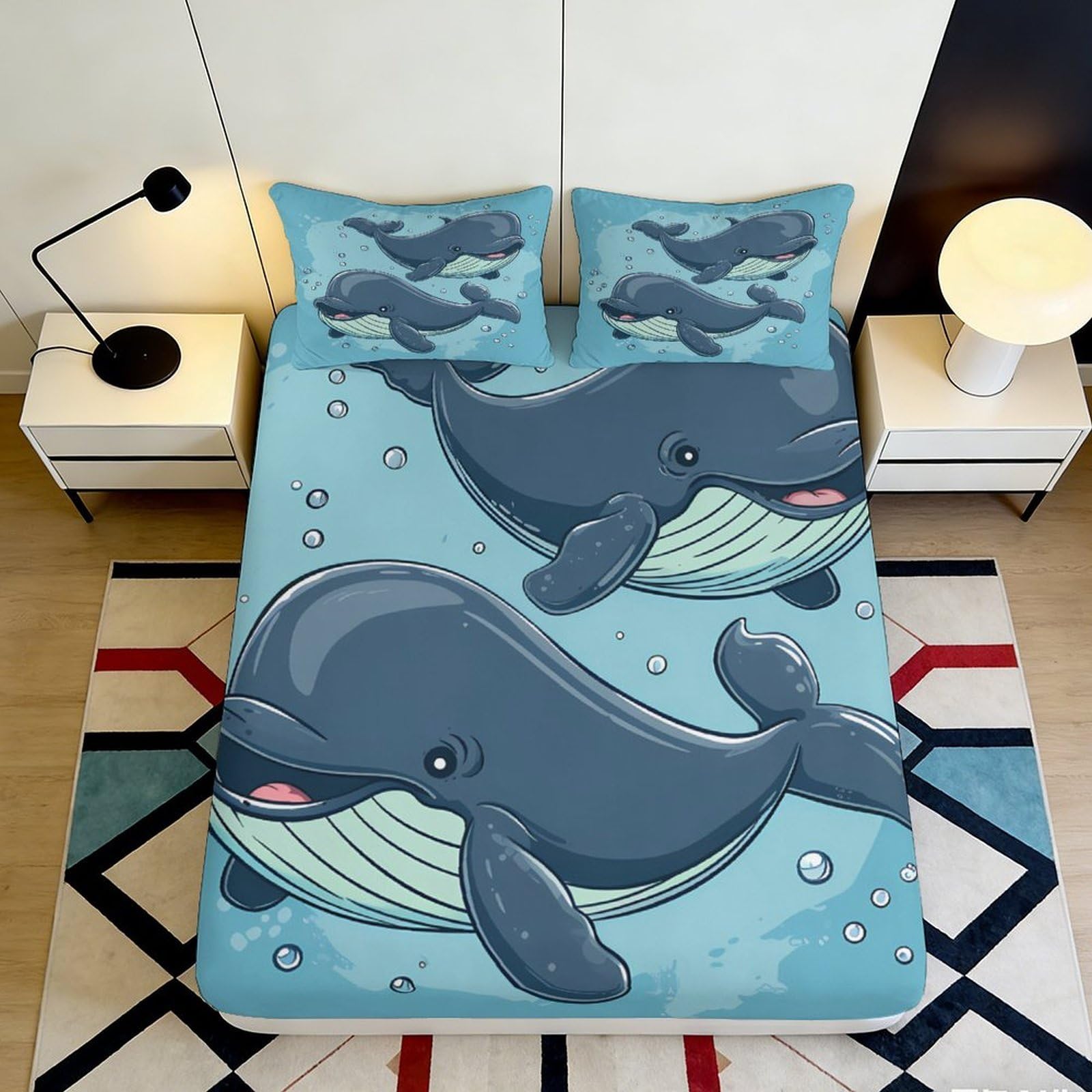3D Printed Whale Pattern Fitted Sheet Microfiber Soft Breathable Ocean Design Mattress Cover for Bedroom Dormitory Guest Room Bed Protection 120x200x25cm