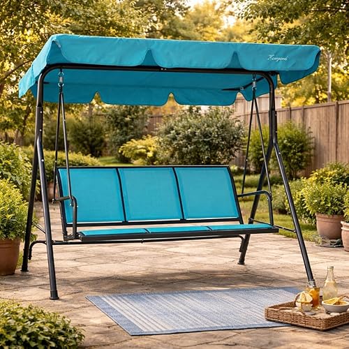 Miniatura 9 de Kozyard Silla Columpio de Patio Exterior con Asiento de Reposabrazos Transpirable de Textilene para 3 Personas, Columpio de Porche con Toldo