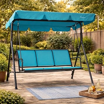 Kozyard 3-Person Outdoor Canopy Porch Swing Chair, Adjustable Canopy Shade | Breathable Textilene Seat & Armrests, Heavy-Duty Powder-Coated Steel Frame for Patio, Backyard, Poolside & Balcony, Blue